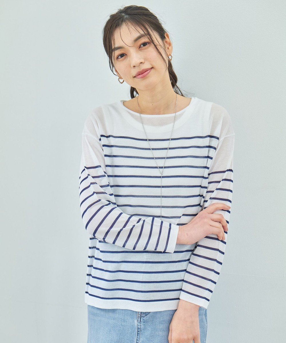 【エニィファム/any FAM】の【手洗い可/アンチピリング】シアーバスクボーダーニット インテリア・キッズ・メンズ・レディースファッション・服の通販 founy(ファニー) 　ファッション　Fashion　レディースファッション　WOMEN　トップス・カットソー　Tops/Tshirt　ニット　Knit Tops　インナー　Inner　シアー　Sheer　セーター　Sweater　デニム　Denim　トレンド　Trend　バランス　Balance　夏　Summer　春　Spring　S/S・春夏　Ss・Spring/Summer　ホワイト×ネイビー|ID: prp329100004524959 ipo3291000000032005404