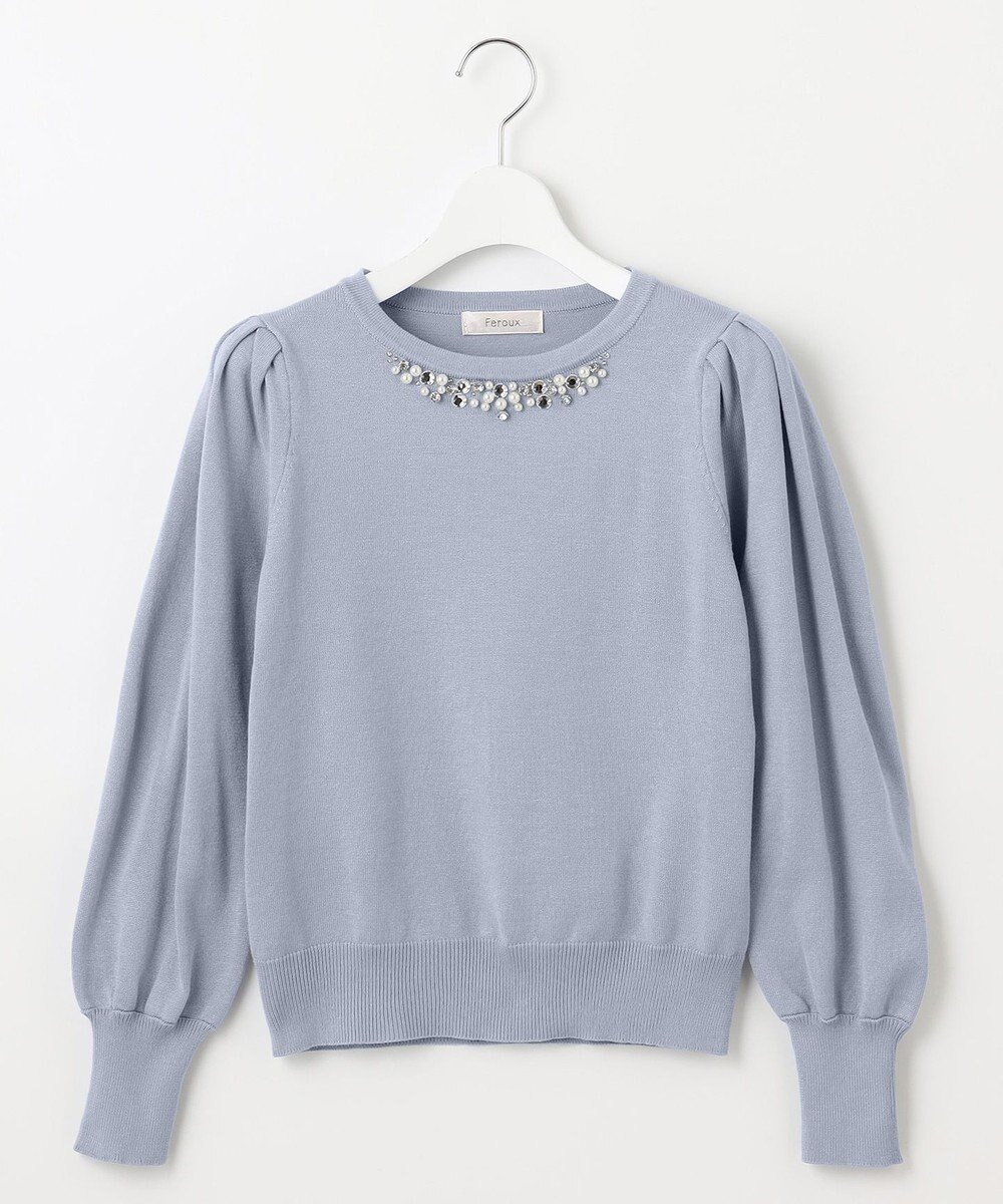 【フェルゥ/Feroux】の【洗える】ビジュー襟 プルオーバーニット インテリア・キッズ・メンズ・レディースファッション・服の通販 founy(ファニー) 　ファッション　Fashion　レディースファッション　WOMEN　トップス・カットソー　Tops/Tshirt　ニット　Knit Tops　プルオーバー　Pullover　おすすめ　Recommend　セーター　Sweater　デニム　Denim　バランス　Balance　ビジュー　Bijou　フェミニン　Feminine　フレア　Flare　ベーシック　Basic　ボトム　Bottom　冬　Winter　洗える　Washable　A/W・秋冬　Aw・Autumn/Winter・Fw・Fall-Winter　ブルー系|ID: prp329100004525090 ipo3291000000032005994