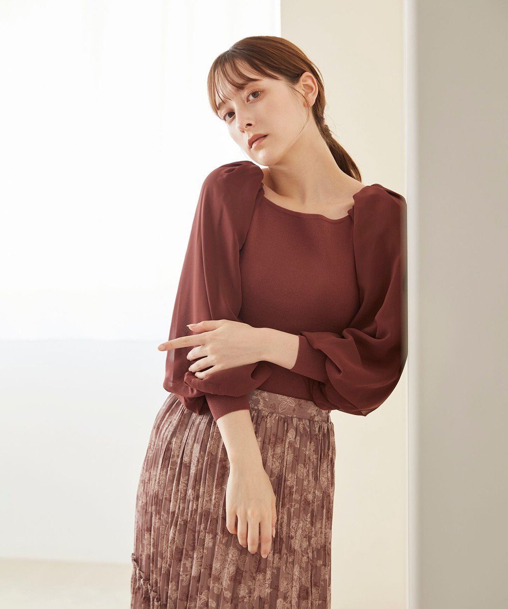 【フェルゥ/Feroux】の【洗える】シフォンスリーブドッキング ニット インテリア・キッズ・メンズ・レディースファッション・服の通販 founy(ファニー) 　ファッション　Fashion　レディースファッション　WOMEN　トップス・カットソー　Tops/Tshirt　ニット　Knit Tops　おすすめ　Recommend　シアー　Sheer　シフォン　Chiffon　セーター　Sweater　デコルテ　Decolletage　フェミニン　Feminine　洗える　Washable　A/W・秋冬　Aw・Autumn/Winter・Fw・Fall-Winter　ダークブラウン系|ID: prp329100004525262 ipo3291000000032006706