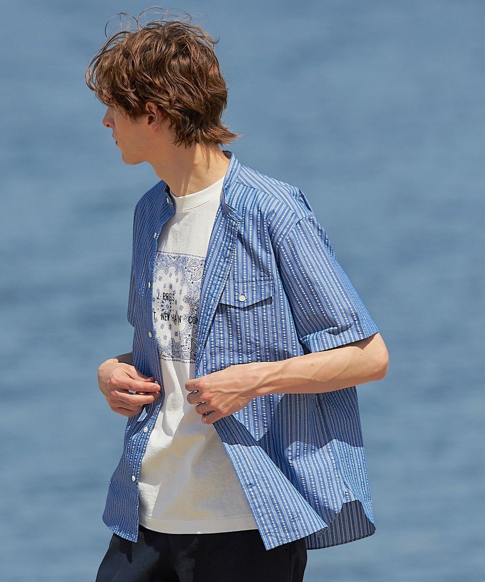 【ジェイ プレス/J.PRESS / MEN】の【クールマックス】サッカー マルチストライプ バンドカラーシャツ インテリア・キッズ・メンズ・レディースファッション・服の通販 founy(ファニー) 　ファッション　Fashion　メンズファッション　MEN　トップス・カットソー　Tops/Tshirt/Men　シャツ　Shirts　インナー　Inner　春　Spring　吸水　Water Absorption　サッカー　Soccer　シンプル　Simple　ストライプ　Stripe　ドレス　Dress　定番　Standard　バランス　Balance　プリント　Print　ベーシック　Basic　羽織　Haori　メンズ　Mens　モダン　Modern　S/S・春夏　Ss・Spring/Summer　夏　Summer　ブルー系1|ID: prp329100004526836 ipo3291000000032013998