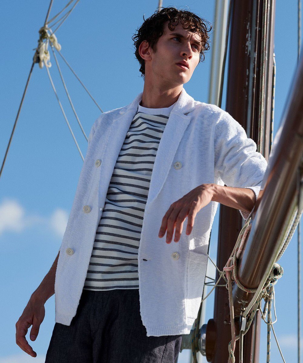 【ジョセフ アブード/JOSEPH ABBOUD / MEN】の【イタリア糸使用】コットンスラブ ニット ジャケット インテリア・キッズ・メンズ・レディースファッション・服の通販 founy(ファニー) 　ファッション　Fashion　メンズファッション　Fashion for Men　トップス・カットソー　Cut & Sew Tops　ニット・セーター / 定番トップス　Knit Tops & Sweaters　カーディガン / 羽織り　Cardigans　イタリア　Italy　カーディガン　Cardigan, Knitwear　ジャケット　Jacket, Outerwear　ダブル　Double, Double-Breasted　ボーダー　Border, Stripe　夏　Summer　春　Spring　S/S・春夏　SS, Spring/Summer, Warm Season　無地　Plain, Solid Color　ホワイト系|ID: prp329100004526843 ipo3291000000034199260