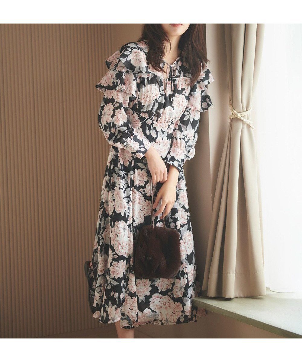 【フェルゥ/Feroux】の【洗える】フラワープリント ワンピース インテリア・キッズ・メンズ・レディースファッション・服の通販 founy(ファニー) 　ファッション　Fashion　レディースファッション　WOMEN　ワンピース　Dress　おすすめ　Recommend　オリエンタル　Oriental　カーディガン　Cardigan　ジャケット　Jacket　スリット　Slit　スリーブ　Sleeve　フェミニン　Feminine　フラワー　Flower　フリル　Frills　プリント　Print　マニッシュ　Mannish　リボン　Ribbon　エレガント 上品　Elegant　洗える　Washable　秋　Autumn/Fall　A/W・秋冬　Aw・Autumn/Winter・Fw・Fall-Winter　ブラック系9|ID: prp329100004527512 ipo3291000000032016838
