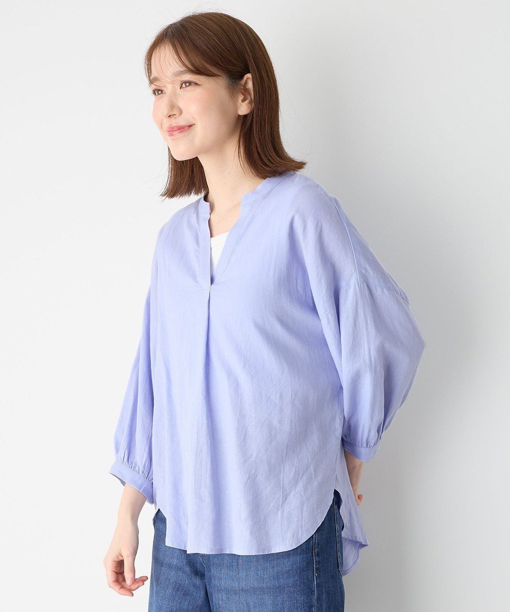 【エニィファム/any FAM】の【手洗い可能】ヨーロピアンリネンスキッパーネックブラウス インテリア・キッズ・メンズ・レディースファッション・服の通販 founy(ファニー) 　ファッション　Fashion　レディースファッション　Fashion for Women　トップス・カットソー　Cut & Sew Tops　シャツ・ブラウス・オフィスカジュアル　Elegant Blouses & Button-Ups　春　Spring　ギャザー　Gathered, Ruffled　スキッパー　Skipper, Open Collar　スリット　Slit, Slit Detail　バランス　Balance, Style Balance　リネン　Linen, Linen Fabric　S/S・春夏　SS, Spring/Summer, Warm Season　再入荷　Restock / Back in Stock　おすすめ　Recommended / Our Picks　夏　Summer　ライトブルー|ID: prp329100004527770 ipo3291000000033295071