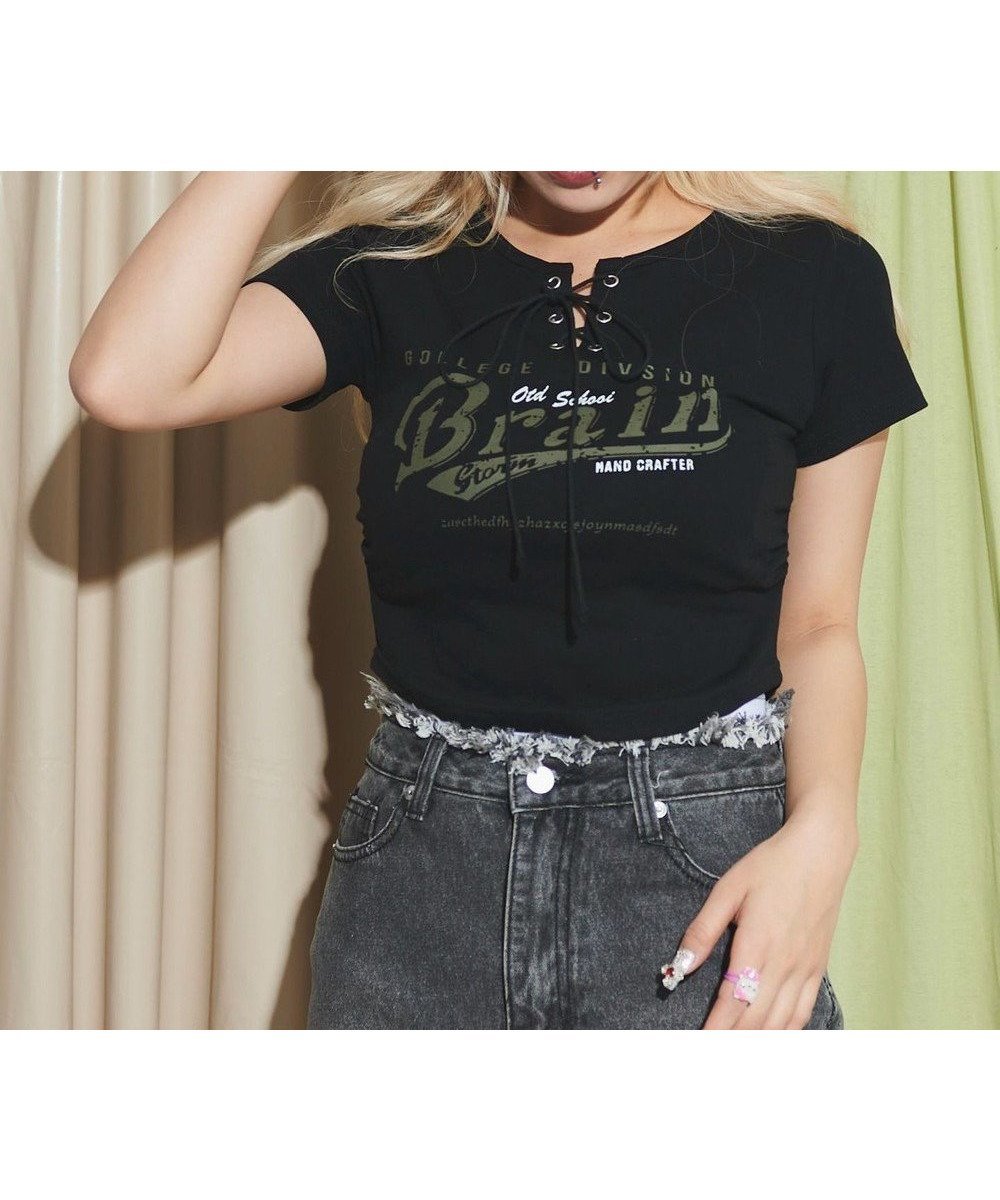 【ウィゴー/WEGO】のフロントレースアップピチT インテリア・キッズ・メンズ・レディースファッション・服の通販 founy(ファニー) 　ファッション　Fashion　レディースファッション　Fashion for Women　トップス・カットソー　Cut & Sew Tops　シャツ・ブラウス・オフィスカジュアル　Elegant Blouses & Button-Ups　ロングTシャツ・Tシャツ　Longline T-Shirts & Tees　カットソー・ベーシックTシャツ　Cut-and-Sewn Tops / Stretch Tees & Basics　カットソー　Cut and Sewn Top　ショート　Short, Short Length　スマホ　Smartphone, Mobile Device　トレンド　Trend, Trending Now　ボトム　Bottoms, Lower Wear　半袖　Short Sleeve, Half Sleeve　夏　Summer　春　Spring　S/S・春夏　SS, Spring/Summer, Warm Season　ブラック|ID: prp329100004528336 ipo3291000000032730860