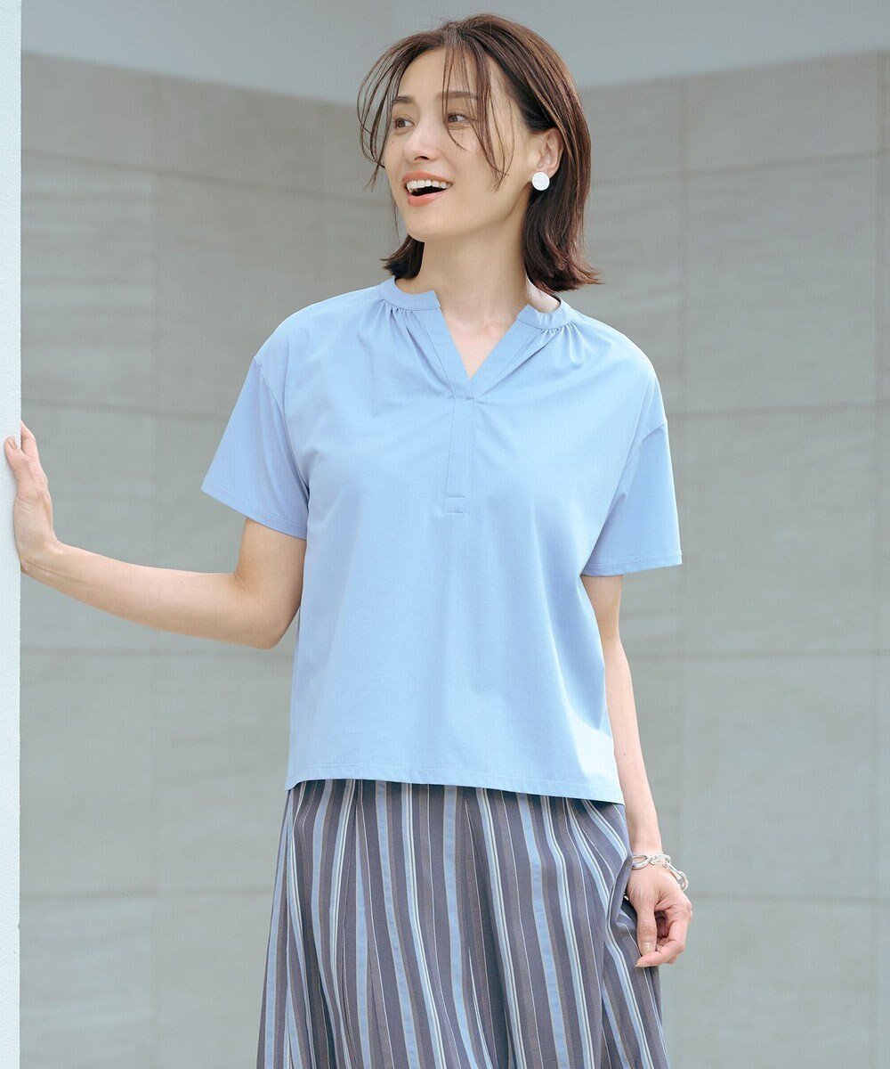 【ジェイ プレス/J.PRESS】の【洗える・接触冷感】プレーティングジャージー バンドカラー カットソー インテリア・キッズ・メンズ・レディースファッション・服の通販 founy(ファニー) 　ファッション　Fashion　レディースファッション　Fashion for Women　トップス・カットソー　Cut & Sew Tops　シャツ・ブラウス・オフィスカジュアル　Elegant Blouses & Button-Ups　ロングTシャツ・Tシャツ　Longline T-Shirts & Tees　カットソー・ベーシックTシャツ　Cut-and-Sewn Tops / Stretch Tees & Basics　春　Spring　洗える　Machine Washable　カットソー　Cut and Sewn Top　シルケット　Silket, Silky Cotton　なめらか　Smooth, Silky Texture　バランス　Balance, Style Balance　S/S・春夏　SS, Spring/Summer, Warm Season　夏　Summer　エレガント 上品　Elegant　スモーキーブルー系|ID: prp329100004528444 ipo3291000000032674323