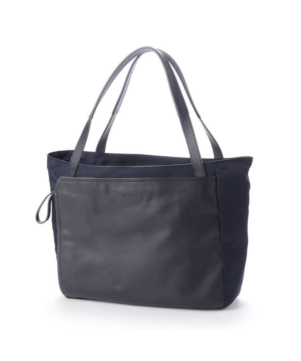 【イザック/Y'SACCS】のナイロン×レザー スクエアトートバッグ Mサイズ インテリア・キッズ・メンズ・レディースファッション・服の通販 founy(ファニー) 　ファッション　Fashion　レディースファッション　Fashion for Women　バッグ　Bags　シンプル　Simple, Minimal　スマート　Smart, Elegant　ビジネス 仕事 通勤　Business / Work / Commuting　ポケット　Pocket, Pocket Detail　ラップ　Wrap, Wrap Design　ネイビー|ID: prp329100004529695 ipo3291000000034464664