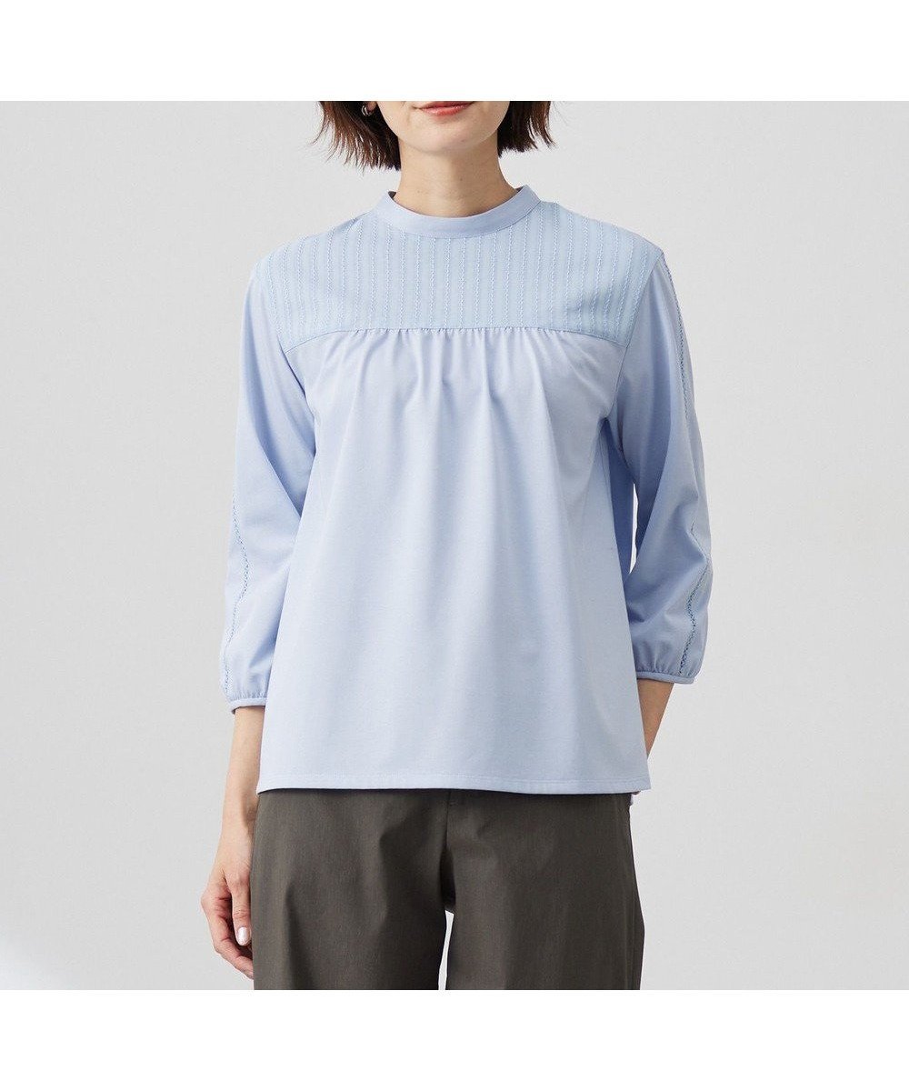 【ジェイ プレス/J.PRESS】の【洗える】プレーティングジャージー モックネックカットソー インテリア・キッズ・メンズ・レディースファッション・服の通販 founy(ファニー) 　ファッション　Fashion　レディースファッション　Fashion for Women　トップス・カットソー　Cut & Sew Tops　シャツ・ブラウス・オフィスカジュアル　Elegant Blouses & Button-Ups　ロングTシャツ・Tシャツ　Longline T-Shirts & Tees　カットソー・ベーシックTシャツ　Cut-and-Sewn Tops / Stretch Tees & Basics　カットソー　Cut and Sewn Top　ギャザー　Gathered, Ruffled　シルケット　Silket, Silky Cotton　ストライプ　Stripe, Striped Pattern　レース　Lace, Lace Fabric　夏　Summer　春　Spring　S/S・春夏　SS, Spring/Summer, Warm Season　洗える　Machine Washable　サックス系|ID: prp329100004529763 ipo3291000000032708721