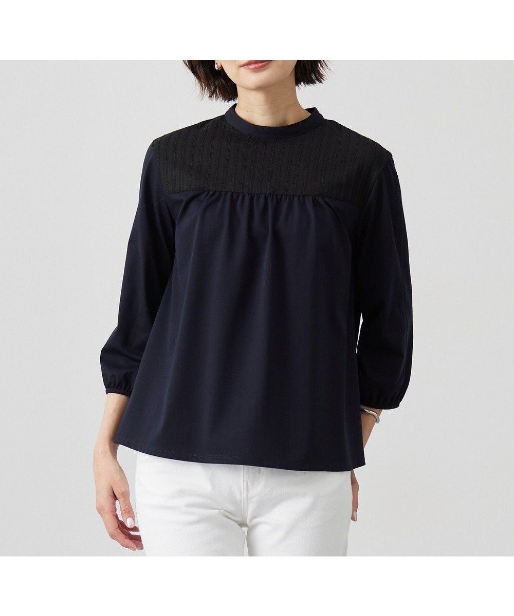 【ジェイ プレス/J.PRESS】の【洗える】プレーティングジャージー モックネックカットソー インテリア・キッズ・メンズ・レディースファッション・服の通販 founy(ファニー) 　ファッション　Fashion　レディースファッション　Fashion for Women　トップス・カットソー　Cut & Sew Tops　シャツ・ブラウス・オフィスカジュアル　Elegant Blouses & Button-Ups　ロングTシャツ・Tシャツ　Longline T-Shirts & Tees　カットソー・ベーシックTシャツ　Cut-and-Sewn Tops / Stretch Tees & Basics　カットソー　Cut and Sewn Top　ギャザー　Gathered, Ruffled　シルケット　Silket, Silky Cotton　ストライプ　Stripe, Striped Pattern　レース　Lace, Lace Fabric　夏　Summer　春　Spring　S/S・春夏　SS, Spring/Summer, Warm Season　洗える　Machine Washable　ネイビー系|ID: prp329100004529763 ipo3291000000033355725
