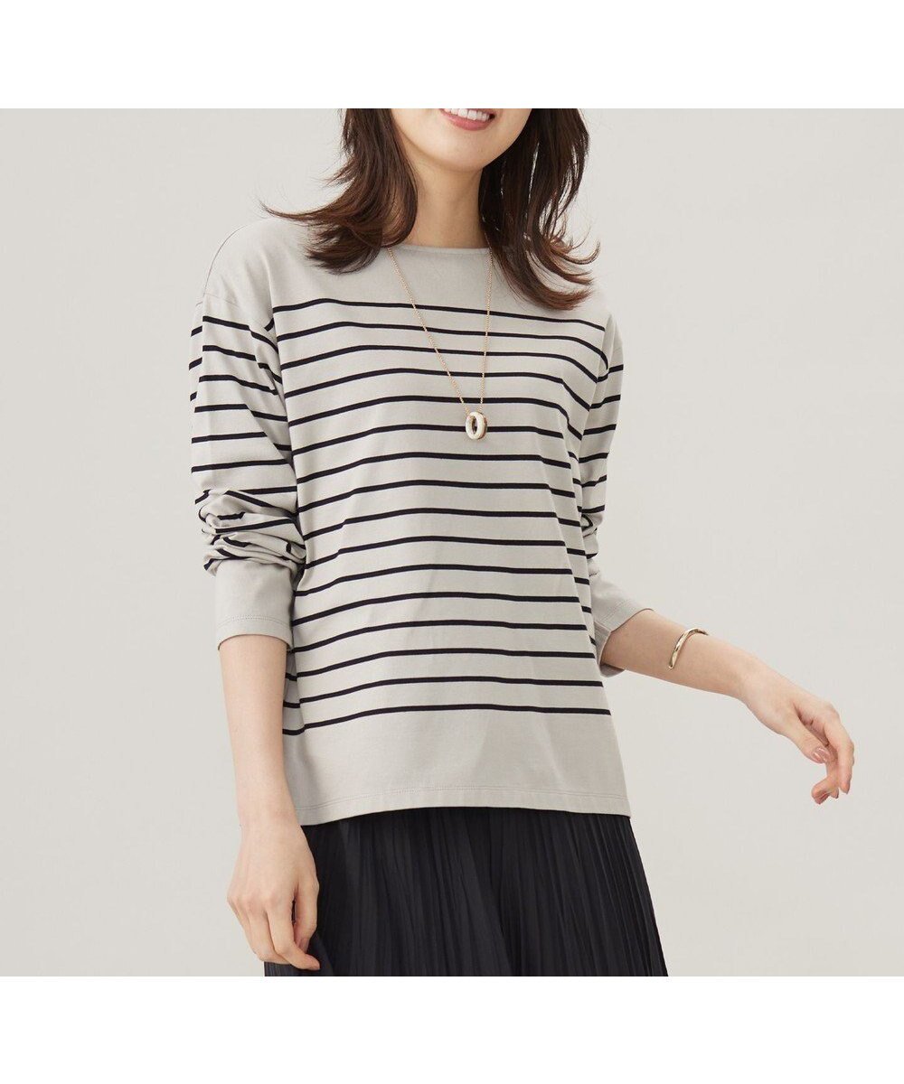 【ジェイ プレス/J.PRESS】のバスクボーダー カットソー インテリア・キッズ・メンズ・レディースファッション・服の通販 founy(ファニー) 　ファッション　Fashion　レディースファッション　WOMEN　トップス・カットソー　Tops/Tshirt　シャツ/ブラウス　Shirts/Blouses　ロング / Tシャツ　T-Shirts　カットソー　Cut and Sewn　カットソー　Cut And Sew　スリット　Slit　バスク　Basque　フェミニン　Feminine　ボトム　Bottom　ボーダー　Border　無地　Plain Color　ヨーク　Yoke　ロング　Long　A/W・秋冬　Aw・Autumn/Winter・Fw・Fall-Winter　エレガント 上品　Elegant　グレージュ×ブラック|ID: prp329100004529854 ipo3291000000032026970