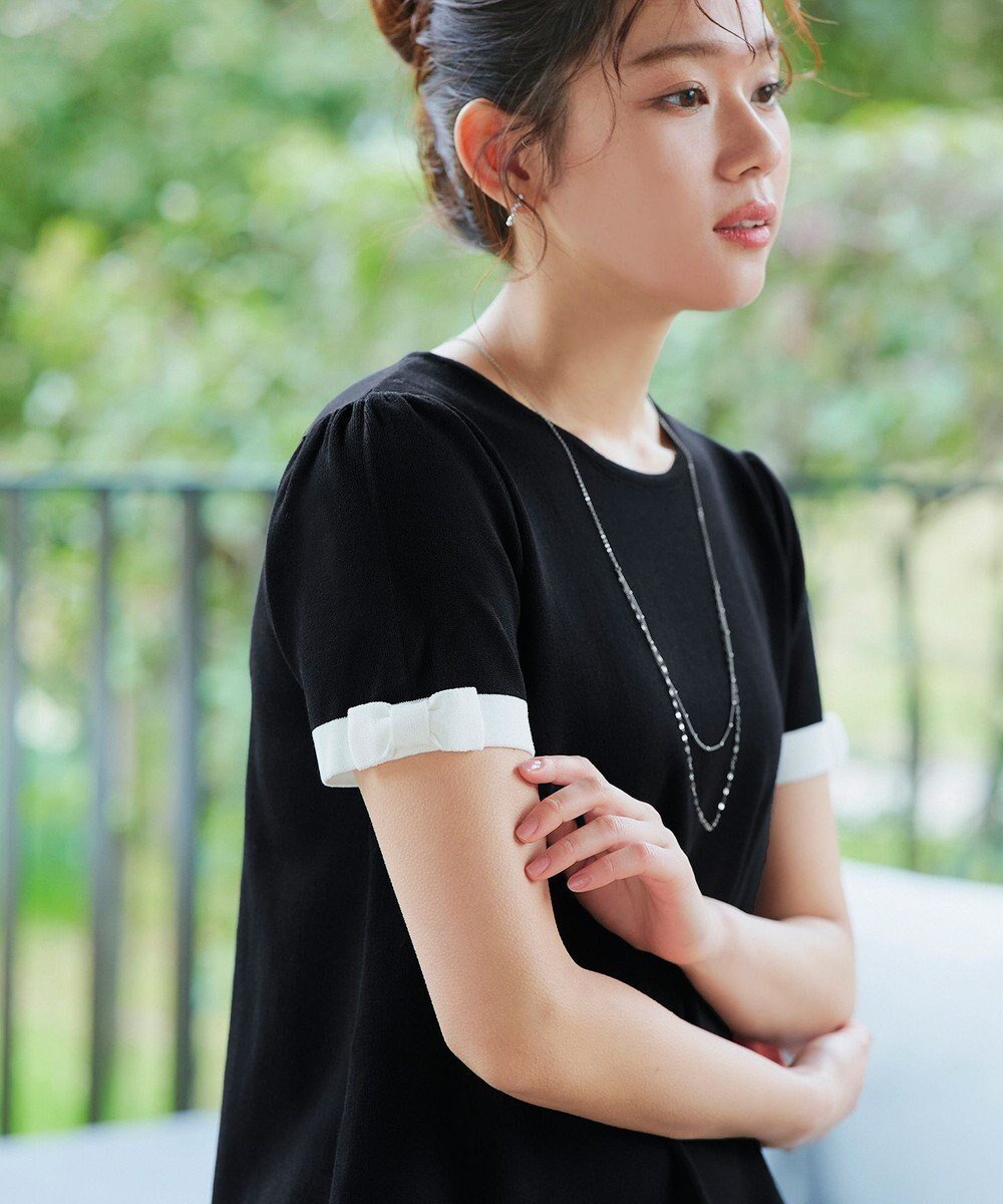 【ティアクラッセ/Tiaclasse】の【洗える】リボン袖ニットチュニックブラウス インテリア・キッズ・メンズ・レディースファッション・服の通販 founy(ファニー) 　ファッション　Fashion　レディースファッション　Fashion for Women　トップス・カットソー　Cut & Sew Tops　ニット　Knit Tops & Sweaters　シャツ・ブラウス・オフィスカジュアル　Elegant Blouses & Button-Ups　春　Spring　洗える　Machine Washable　カーディガン　Cardigan, Knitwear　セーター　Sweater, Knitwear　チュニック　Tunic, Long Top　ポケット　Pocket, Pocket Detail　半袖　Short Sleeve, Half Sleeve　リボン　Ribbon, Bow　ロング　Long, Long-Length　S/S・春夏　SS, Spring/Summer, Warm Season　再入荷　Restock / Back in Stock　夏　Summer　新作・新入荷　New Arrivals / New In　ブラックオフホワイト|ID: prp329100004530565 ipo3291000000034484656