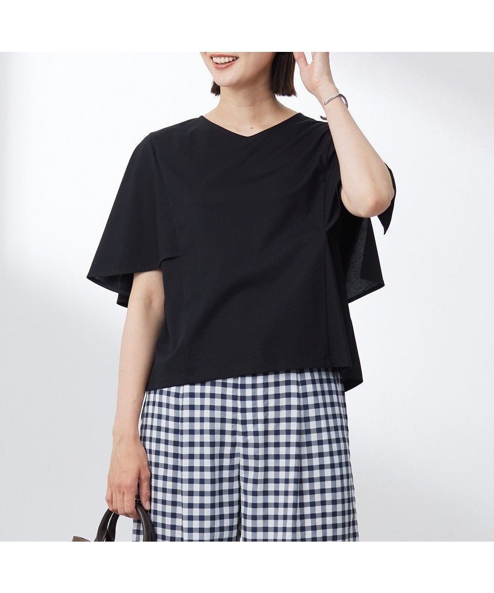 【ジェイ プレス/J.PRESS】の【洗える・接触冷感】プレーティングジャージー ケープ風 カットソー インテリア・キッズ・メンズ・レディースファッション・服の通販 founy(ファニー) 　ファッション　Fashion　レディースファッション　Fashion for Women　トップス・カットソー　Cut & Sew Tops　シャツ・ブラウス・オフィスカジュアル　Elegant Blouses & Button-Ups　ロングTシャツ・Tシャツ　Longline T-Shirts & Tees　カットソー・ベーシックTシャツ　Cut-and-Sewn Tops / Stretch Tees & Basics　春　Spring　洗える　Machine Washable　カットソー　Cut and Sewn Top　シルケット　Silket, Silky Cotton　トレンド　Trend, Trending Now　なめらか　Smooth, Silky Texture　ノースリーブ　Sleeveless, No-Sleeve　S/S・春夏　SS, Spring/Summer, Warm Season　夏　Summer　エレガント 上品　Elegant　ブラック系|ID: prp329100004531319 ipo3291000000032730308