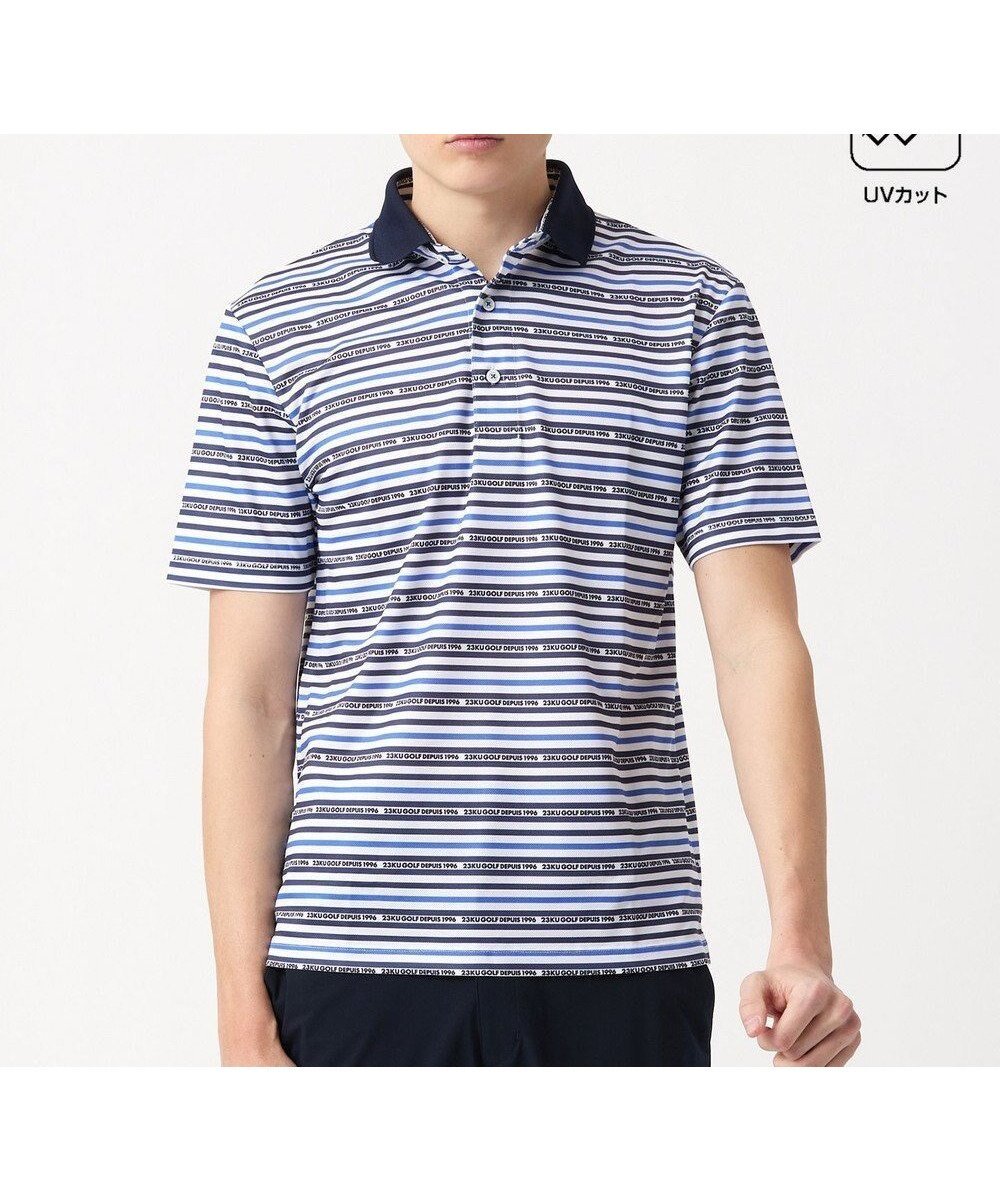 【23区 ゴルフ/23区GOLF / MEN】の【MEN】【吸水速乾・UVケア】ボーダーロゴ 半袖シャツ インテリア・キッズ・メンズ・レディースファッション・服の通販 founy(ファニー) 　ファッション　Fashion　メンズファッション　Men's Style Online　トップス・カットソー　Tops/Tshirt/Men　シャツ　Shirts　ポロシャツ　Polo Shirts　コンビ　Combination　ゴルフ　Golf　スウェット　Sweat　スポーティ　Sporty　プリント　Print　ベスト　Vest　ボーダー　Border　ポロシャツ　Polo Shirt　半袖　Short Sleeve　吸水　Water Absorption　夏　Summer　春　Spring　S/S・春夏　Ss・Spring/Summer　ネイビー系1|ID: prp329100004532354 ipo3291000000032574829