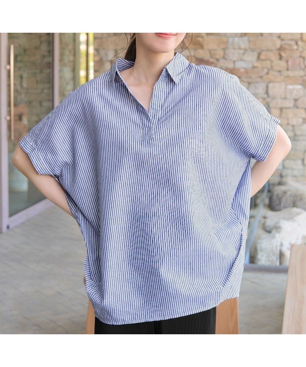 【ティアクラッセ/Tiaclasse】の【洗える】 リネンミックススキッパーシャツ インテリア・キッズ・メンズ・レディースファッション・服の通販 founy(ファニー) 　ファッション　Fashion　レディースファッション　Fashion for Women　トップス・カットソー　Cut & Sew Tops　シャツ・ブラウス・オフィスカジュアル　Elegant Blouses & Button-Ups　アクセサリー　Fashion Accessories　春　Spring　洗える　Machine Washable　カフス　Cuff Design　カーディガン　Cardigan, Knitwear　スキッパー　Skipper, Open Collar　チュニック　Tunic, Long Top　なめらか　Smooth, Silky Texture　ポケット　Pocket, Pocket Detail　リネン　Linen, Linen Fabric　S/S・春夏　SS, Spring/Summer, Warm Season　再入荷　Restock / Back in Stock　夏　Summer　新作・新入荷　New Arrivals / New In　ブルーストライプ|ID: prp329100004532561 ipo3291000000036116292