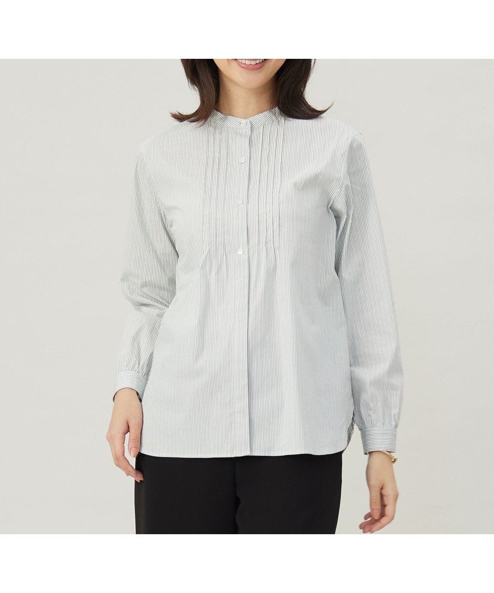 【ジェイ プレス/J.PRESS】の【洗える】BEZコットンナイロン ストライプ ピンタック ブラウス インテリア・キッズ・メンズ・レディースファッション・服の通販 founy(ファニー) 　ファッション　Fashion　レディースファッション　Fashion for Women　トップス・カットソー　Cut & Sew Tops　シャツ・ブラウス・オフィスカジュアル　Elegant Blouses & Button-Ups　ギャザー　Gathered, Ruffled　ストライプ　Stripe, Striped Pattern　ストレッチ　Stretch, Stretchy Fabric　チュニック　Tunic, Long Top　エレガント 上品　Elegant　夏　Summer　春　Spring　S/S・春夏　SS, Spring/Summer, Warm Season　洗える　Machine Washable　A/W・秋冬　Autumn/Winter　グリーン×ネイビー系1|ID: prp329100004532628 ipo3291000000033513588