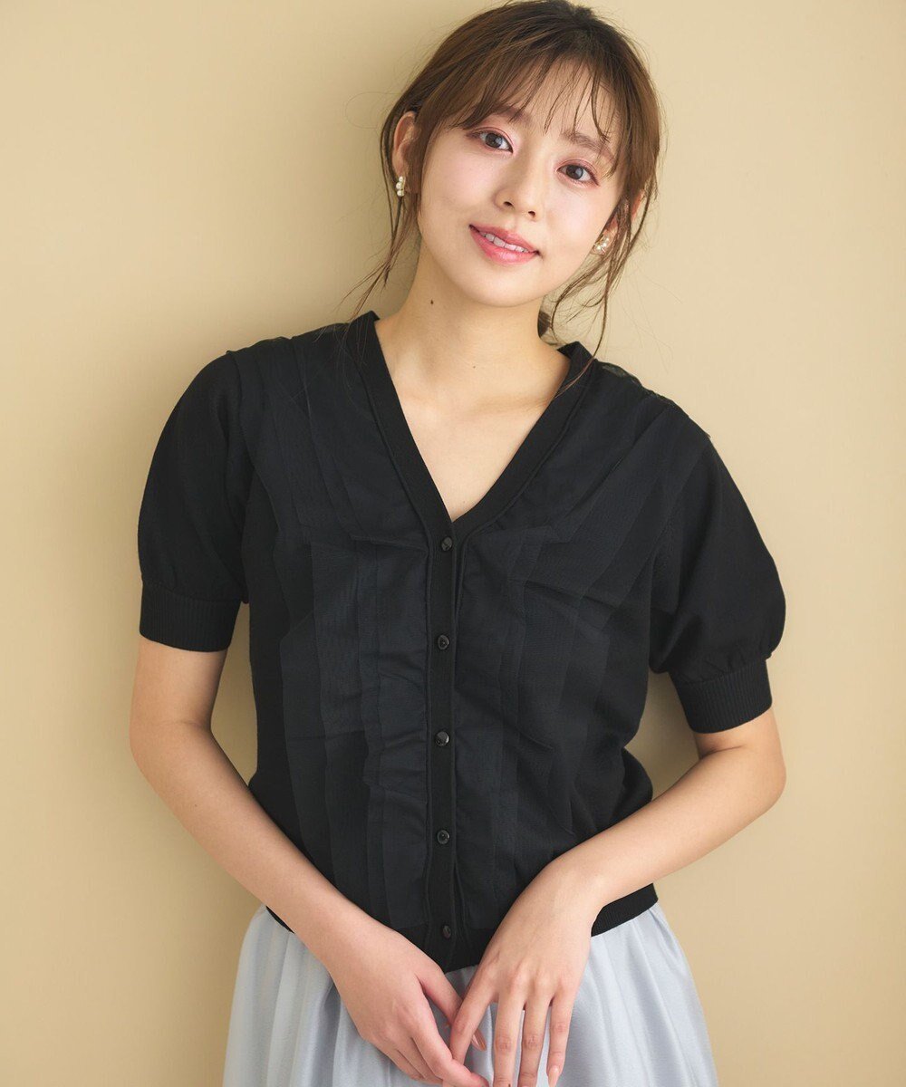 【フェルゥ/Feroux】の【ご好評につき今季も登場!】チュールコンビパフスリーブ ニット インテリア・キッズ・メンズ・レディースファッション・服の通販 founy(ファニー) 　ファッション　Fashion　レディースファッション　WOMEN　トップス・カットソー　Tops/Tshirt　ニット　Knit Tops　おすすめ　Recommend　カーディガン　Cardigan　コンビ　Combination　セーター　Sweater　チュール　Tulle　フラップ　Flap　フレア　Flare　フロント　Front　エレガント 上品　Elegant　人気　Popularity　今季　This Season　半袖　Short Sleeve　夏　Summer　春　Spring　S/S・春夏　Ss・Spring/Summer　ブラック系|ID: prp329100004533415 ipo3291000000032042237