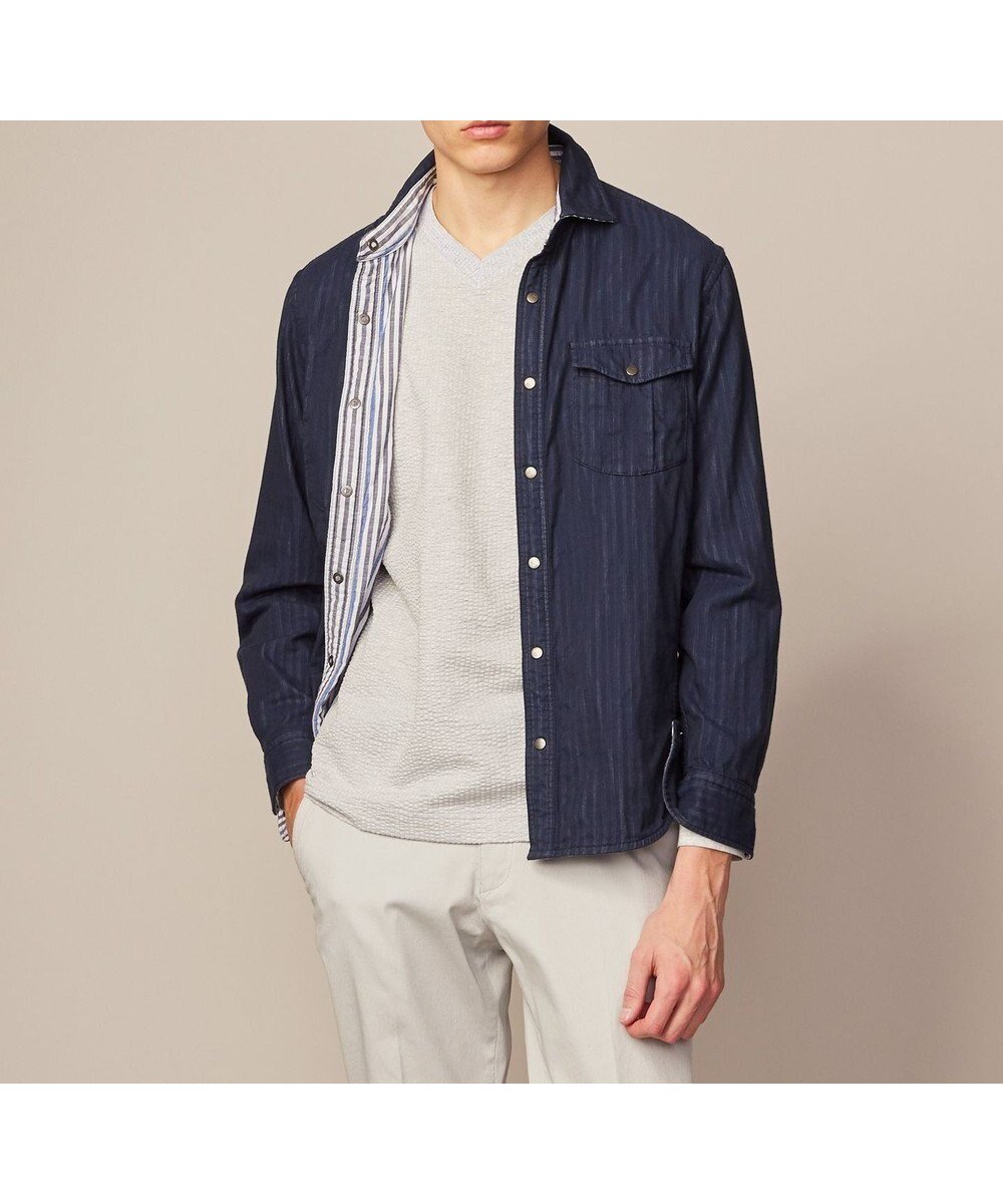 【ジョセフ アブード/JOSEPH ABBOUD / MEN】の【2WAY】リバーシブル シャツ インテリア・キッズ・メンズ・レディースファッション・服の通販 founy(ファニー) 　ファッション　Fashion　メンズファッション　Fashion for Men　トップス・カットソー　Cut & Sew Tops　メンズシャツ　Shirts　シャンブレー　Chambray, Denim-Like Fabric　ストライプ　Stripe, Striped Pattern　ドット　Polka Dot, Dot Pattern　パターン　Pattern, Design Print　リバーシブル　Reversible, Two-Sided　ワイヤー　Wire, Wired Bra　夏　Summer　定番　Standard, Basic Item　春　Spring　S/S・春夏　SS, Spring/Summer, Warm Season　無地　Plain, Solid Color　ネイビー系|ID: prp329100004535206 ipo3291000000034188323