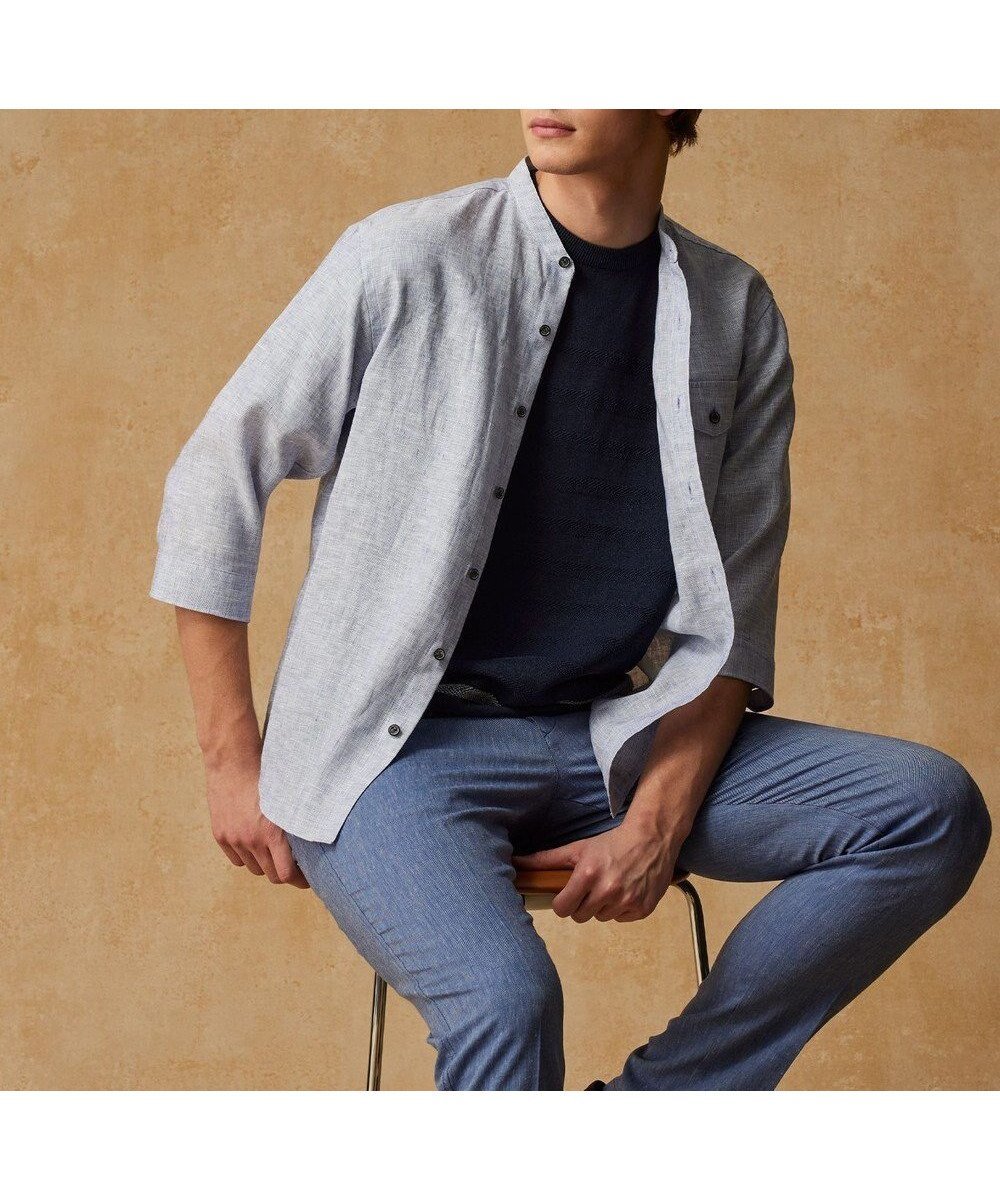 【ジョセフ アブード/JOSEPH ABBOUD / MEN】の【麻100%・軽い・涼しい】 モイスチャーリネンバンドカラーシャツ インテリア・キッズ・メンズ・レディースファッション・服の通販 founy(ファニー) 　ファッション　Fashion　メンズファッション　MEN　トップス・カットソー　Tops/Tshirt/Men　シャツ　Shirts　おすすめ　Recommend　エレガント 上品　Elegant　シャンブレー　Chambray　ジャケット　Jacket　ペイズリー　Paisley　夏　Summer　春　Spring　S/S・春夏　Ss・Spring/Summer　羽織　Haori　サックスブルー系|ID: prp329100004535209 ipo3291000000032050155