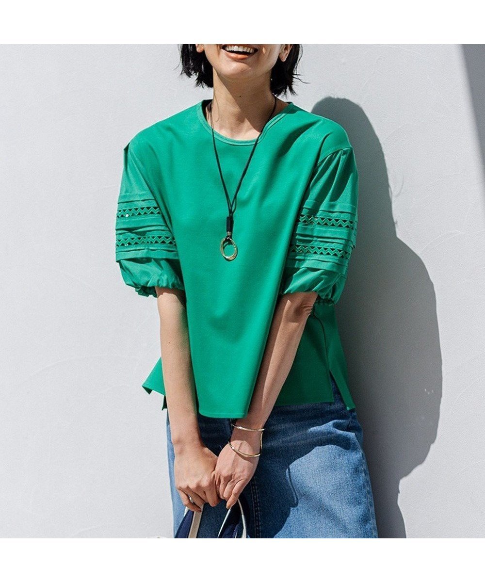 【23区/NIJYUSANKU】の【洗える】アイレットジャージー パフスリーブ カットソー インテリア・キッズ・メンズ・レディースファッション・服の通販 founy(ファニー) 　ファッション　Fashion　レディースファッション　WOMEN　トップス・カットソー　Tops/Tshirt　シャツ/ブラウス　Shirts/Blouses　ロング / Tシャツ　T-Shirts　カットソー　Cut and Sewn　春　Spring　洗える　Washable　カットソー　Cut And Sew　コンシャス　Conscious　シリコン　Silicon　シルケット　Mercerization　スリーブ　Sleeve　定番　Standard　レース　Race　S/S・春夏　Ss・Spring/Summer　夏　Summer　2024年　2024　2024春夏・S/S　Ss,Spring/Summer,2024　エレガント 上品　Elegant　グリーン系|ID: prp329100004535642 ipo3291000000032228213