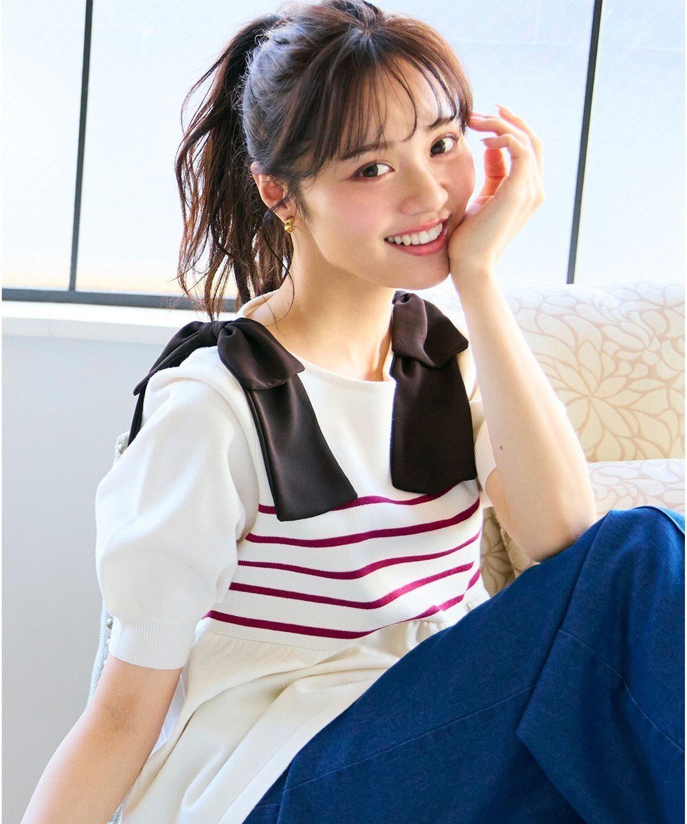 【フェルゥ/Feroux】の【洗える】肩リボン ペプラムニット インテリア・キッズ・メンズ・レディースファッション・服の通販 founy(ファニー) 　ファッション　Fashion　レディースファッション　WOMEN　トップス・カットソー　Tops/Tshirt　ニット　Knit Tops　おすすめ　Recommend　セーター　Sweater　デニム　Denim　ベーシック　Basic　ペプラム　Peplum　ボーダー　Border　リボン　Ribbon　人気　Popularity　半袖　Short Sleeve　夏　Summer　定番　Standard　春　Spring　S/S・春夏　Ss・Spring/Summer　洗える　Washable　ピンク系ボーダー|ID: prp329100004535734 ipo3291000000032135044