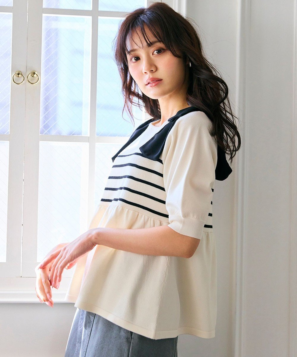 【フェルゥ/Feroux】の【洗える】肩リボン ペプラムニット インテリア・キッズ・メンズ・レディースファッション・服の通販 founy(ファニー) 　ファッション　Fashion　レディースファッション　WOMEN　トップス・カットソー　Tops/Tshirt　ニット　Knit Tops　おすすめ　Recommend　セーター　Sweater　デニム　Denim　ベーシック　Basic　ペプラム　Peplum　ボーダー　Border　リボン　Ribbon　人気　Popularity　半袖　Short Sleeve　夏　Summer　定番　Standard　春　Spring　S/S・春夏　Ss・Spring/Summer　洗える　Washable　ブラック系ボーダー|ID: prp329100004535734 ipo3291000000032135046