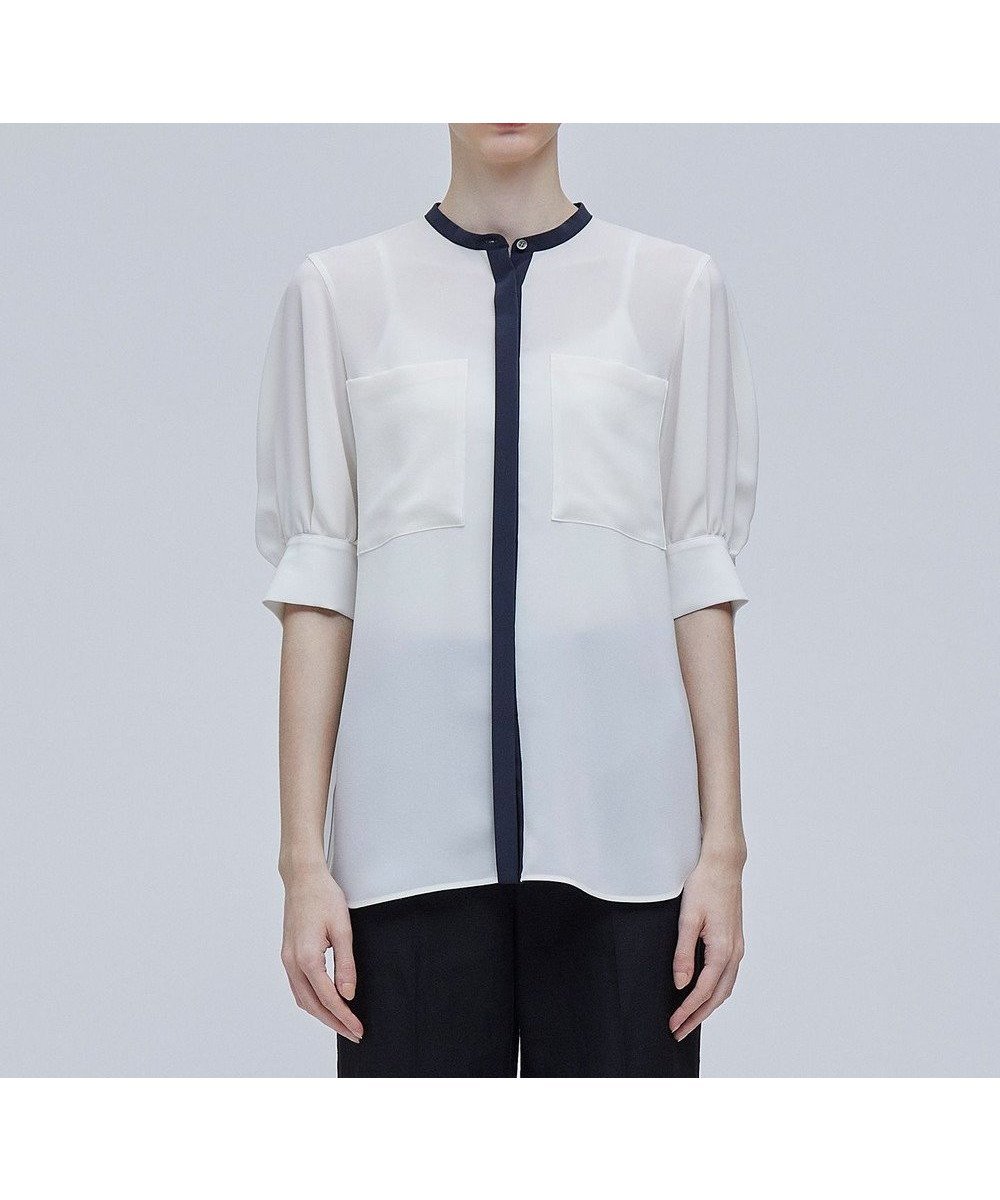 【ベイジ,/BEIGE,】のSIBYLLE / 配色カラーパフスリーブブラウス インテリア・キッズ・メンズ・レディースファッション・服の通販 founy(ファニー) 　ファッション　Fashion　レディースファッション　Fashion for Women　トップス・カットソー　Cut & Sew Tops　シャツ・ブラウス・オフィスカジュアル　Elegant Blouses & Button-Ups　スタンド　Stand Collar, Upright Stand　ストレッチ　Stretch, Stretchy Fabric　ドレープ　Drape, Draping Fabric　フェミニン　Feminine, Girly　ポケット　Pocket, Pocket Detail　エレガント 上品　Elegant　ビジネス 仕事 通勤　Business / Work / Commuting　半袖　Short Sleeve, Half Sleeve　夏　Summer　春　Spring　S/S・春夏　SS, Spring/Summer, Warm Season　洗える　Machine Washable　Ecru x Black|ID: prp329100004537435 ipo3291000000034285395