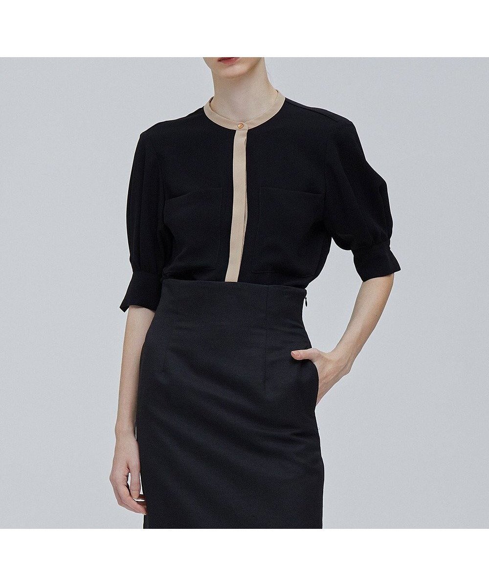 【ベイジ,/BEIGE,】のSIBYLLE / 配色カラーパフスリーブブラウス インテリア・キッズ・メンズ・レディースファッション・服の通販 founy(ファニー) 　ファッション　Fashion　レディースファッション　Fashion for Women　トップス・カットソー　Cut & Sew Tops　シャツ・ブラウス・オフィスカジュアル　Elegant Blouses & Button-Ups　スタンド　Stand Collar, Upright Stand　ストレッチ　Stretch, Stretchy Fabric　ドレープ　Drape, Draping Fabric　フェミニン　Feminine, Girly　ポケット　Pocket, Pocket Detail　エレガント 上品　Elegant　ビジネス 仕事 通勤　Business / Work / Commuting　半袖　Short Sleeve, Half Sleeve　夏　Summer　春　Spring　S/S・春夏　SS, Spring/Summer, Warm Season　洗える　Machine Washable　Black x L.Camel|ID: prp329100004537435 ipo3291000000034285398