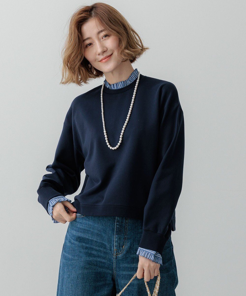 【23区/NIJYUSANKU】の【洗える】クリアコットンテリー ストライプフリル スウェット インテリア・キッズ・メンズ・レディースファッション・服の通販 founy(ファニー) 　ファッション　Fashion　レディースファッション　WOMEN　トップス・カットソー　Tops/Tshirt　シャツ/ブラウス　Shirts/Blouses　パーカ　Sweats　ロング / Tシャツ　T-Shirts　スウェット　Sweat　カットソー　Cut and Sewn　春　Spring　洗える　Washable　カットソー　Cut And Sew　カフス　Cuffs　クロップド　Cropped　シンプル　Simple　スウェット　Sweat　ストライプ　Stripe　フリル　Frills　ボトム　Bottom　ループ　Loop　ワイド　Wide　S/S・春夏　Ss・Spring/Summer　夏　Summer　ネイビー系|ID: prp329100004537477 ipo3291000000032144130