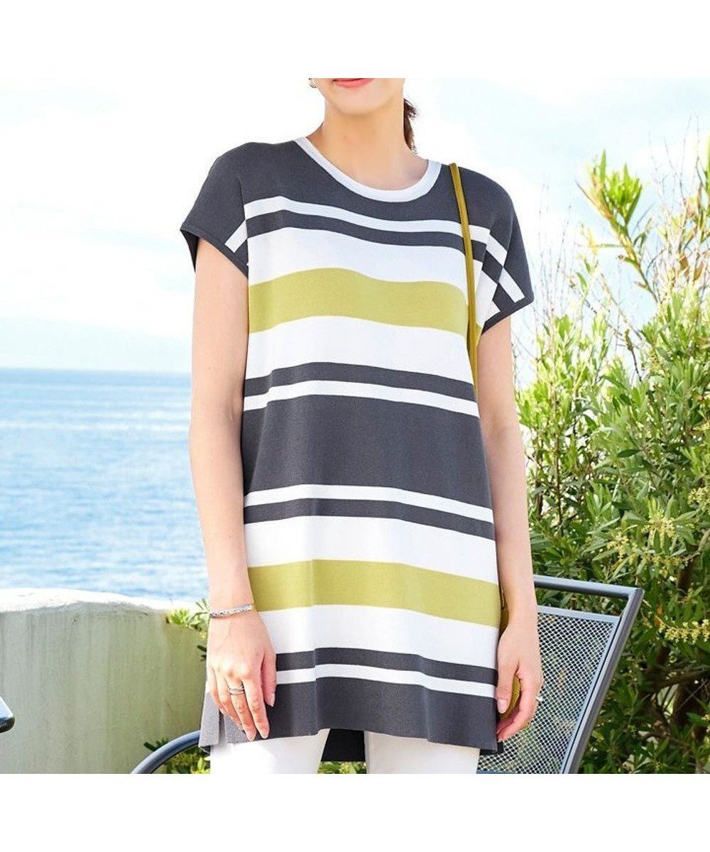 【ティアクラッセ/Tiaclasse】の【洗える】マルチボーダーフレンチニットチュニック インテリア・キッズ・メンズ・レディースファッション・服の通販 founy(ファニー) 　ファッション　Fashion　レディースファッション　Fashion for Women　トップス・カットソー　Cut & Sew Tops　ニット　Knit Tops & Sweaters　ウォッシャブル　Machine Washable　春　Spring　洗える　Machine Washable　カーディガン　Cardigan, Knitwear　サマー　Summer, Summer Style　ストレッチ　Stretch, Stretchy Fabric　スリーブ　Sleeve, Long Sleeve / Short Sleeve　セーター　Sweater, Knitwear　チュニック　Tunic, Long Top　バランス　Balance, Style Balance　フェミニン　Feminine, Girly　フレンチ　French, French Style　ボーダー　Border, Stripe　ポケット　Pocket, Pocket Detail　半袖　Short Sleeve, Half Sleeve　無地　Plain, Solid Color　ラウンド　Round, Round Neck　ロング　Long, Long-Length　S/S・春夏　SS, Spring/Summer, Warm Season　再入荷　Restock / Back in Stock　夏　Summer　新作・新入荷　New Arrivals / New In　ビジネス 仕事 通勤　Business / Work / Commuting　チャコールグレー×オフ×ライム|ID: prp329100004537877 ipo3291000000034696236