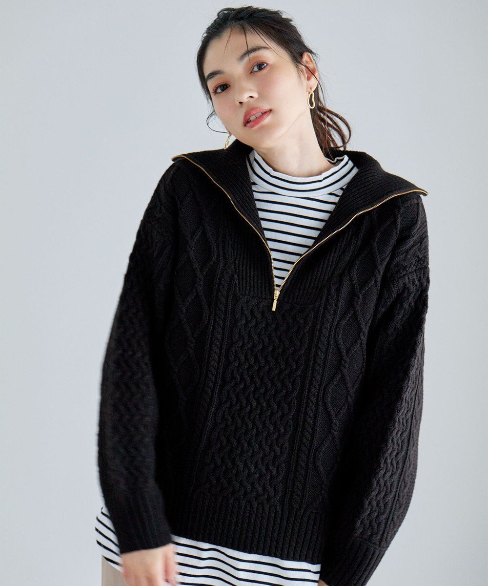 【エニー/ANY】のソフトアクリルハーフジップケーブルニット インテリア・キッズ・メンズ・レディースファッション・服の通販 founy(ファニー) 　ファッション　Fashion　レディースファッション　Fashion for Women　トップス・カットソー　Cut & Sew Tops　ニット　Knit Tops & Sweaters　おすすめ　Recommended / Our Picks　アクリル　Acrylic Material　インナー　Innerwear　コンビ　Combo, Combination Style　セーター　Sweater, Knitwear　トレンド　Trend, Trending Now　A/W・秋冬　Autumn/Winter　鹿の子　Piqué, Kanoko Fabric　ブラック|ID: prp329100004538132 ipo3291000000034179280