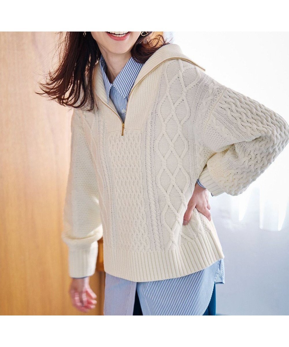【エニー/ANY】のソフトアクリルハーフジップケーブルニット インテリア・キッズ・メンズ・レディースファッション・服の通販 founy(ファニー) 　ファッション　Fashion　レディースファッション　Fashion for Women　トップス・カットソー　Cut & Sew Tops　ニット　Knit Tops & Sweaters　おすすめ　Recommended / Our Picks　アクリル　Acrylic Material　インナー　Innerwear　コンビ　Combo, Combination Style　セーター　Sweater, Knitwear　トレンド　Trend, Trending Now　A/W・秋冬　Autumn/Winter　鹿の子　Piqué, Kanoko Fabric　エクリュ|ID: prp329100004538132 ipo3291000000034179285