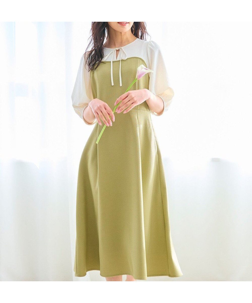 【フェルゥ/Feroux】の【洗える】ドッキング見え ワンピース インテリア・キッズ・メンズ・レディースファッション・服の通販 founy(ファニー) 　ファッション　Fashion　レディースファッション　Fashion for Women　ワンピース　Dresses　クラシカル　Classical, Vintage-Inspired　デコルテ　Décolleté, Neckline　ドッキング　Docking, Mixed Material　バスケット　Basket, Basket Bag　フィット　Fit, Slim Fit　フェミニン　Feminine, Girly　フレア　Flare, Flared　ボレロ　Bolero, Short Cardigan　リボン　Ribbon, Bow　エレガント 上品　Elegant　夏　Summer　春　Spring　S/S・春夏　SS, Spring/Summer, Warm Season　洗える　Machine Washable　ベージュ系|ID: prp329100004538484 ipo3291000000032678048