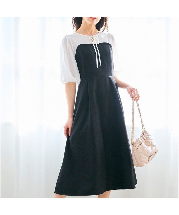 【フェルゥ/Feroux】の【洗える】ドッキング見え ワンピース インテリア・キッズ・メンズ・レディースファッション・服の通販 founy(ファニー) https://founy.com/ ファッション Fashion レディースファッション Fashion for Women ワンピース Dresses クラシカル Classical, Vintage-Inspired デコルテ Décolleté, Neckline ドッキング Docking, Mixed Material バスケット Basket, Basket Bag フィット Fit, Slim Fit フェミニン Feminine, Girly フレア Flare, Flared ボレロ Bolero, Short Cardigan リボン Ribbon, Bow エレガント 上品 Elegant 夏 Summer 春 Spring S/S・春夏 SS, Spring/Summer, Warm Season 洗える Machine Washable |ID: prp329100004538484 ipo3291000000032767153