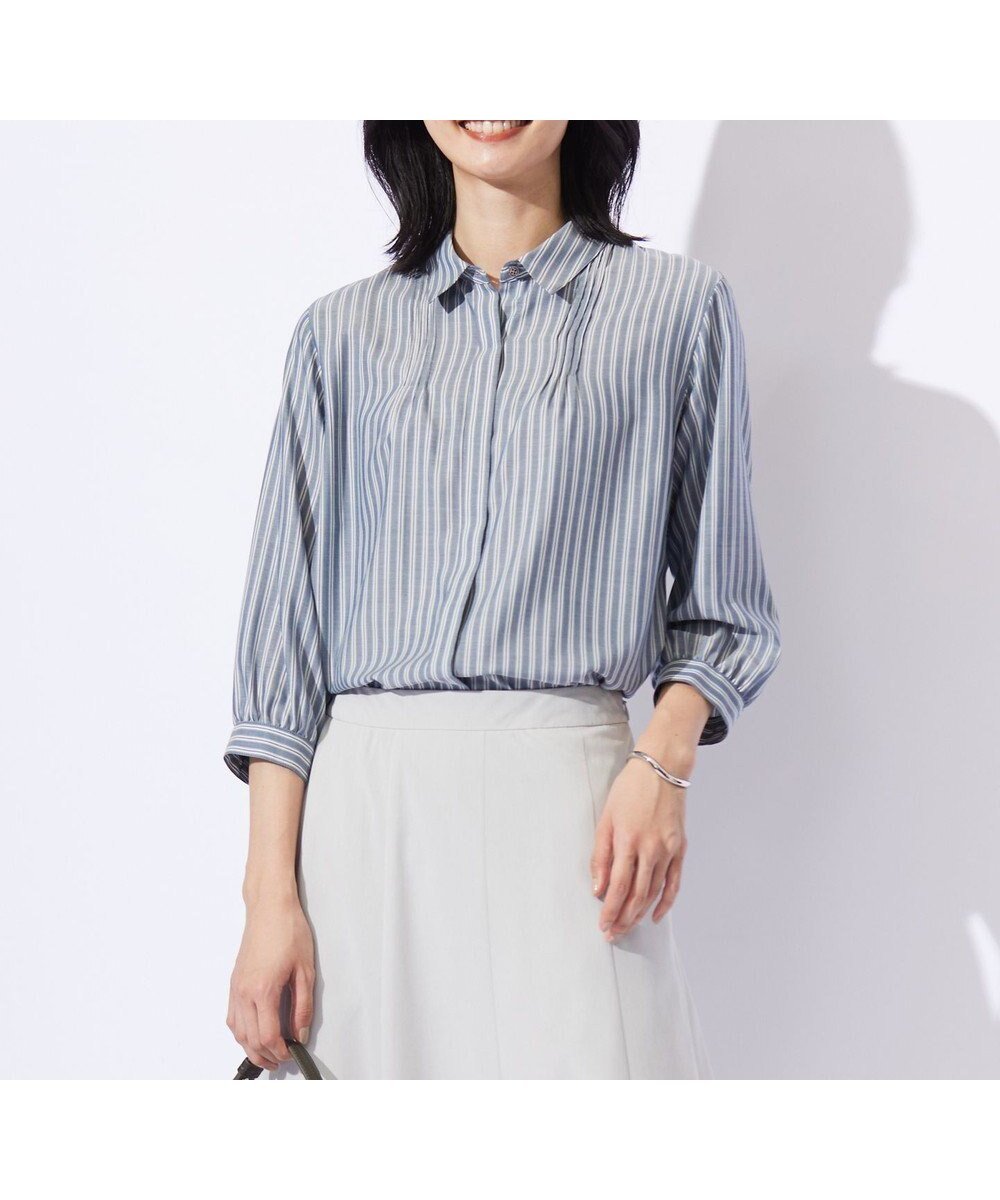 【ジェイ プレス/J.PRESS】の【洗える】ウォッシャブルキュプラツイル ピンタック ブラウス インテリア・キッズ・メンズ・レディースファッション・服の通販 founy(ファニー) 　ファッション　Fashion　レディースファッション　WOMEN　トップス・カットソー　Tops/Tshirt　シャツ/ブラウス　Shirts/Blouses　ウォッシャブル　Washable　洗える　Washable　キュプラ　Cupra　ストライプ　Stripe　チェック　Check　チュニック　Tunic　ハウンドトゥース　Houndstooth　バランス　Balance　フェミニン　Feminine　無地　Plain Color　ラウンド　Round　A/W・秋冬　Aw・Autumn/Winter・Fw・Fall-Winter　ネイビーシャンブレーストライプ系|ID: prp329100004539466 ipo3291000000032246471