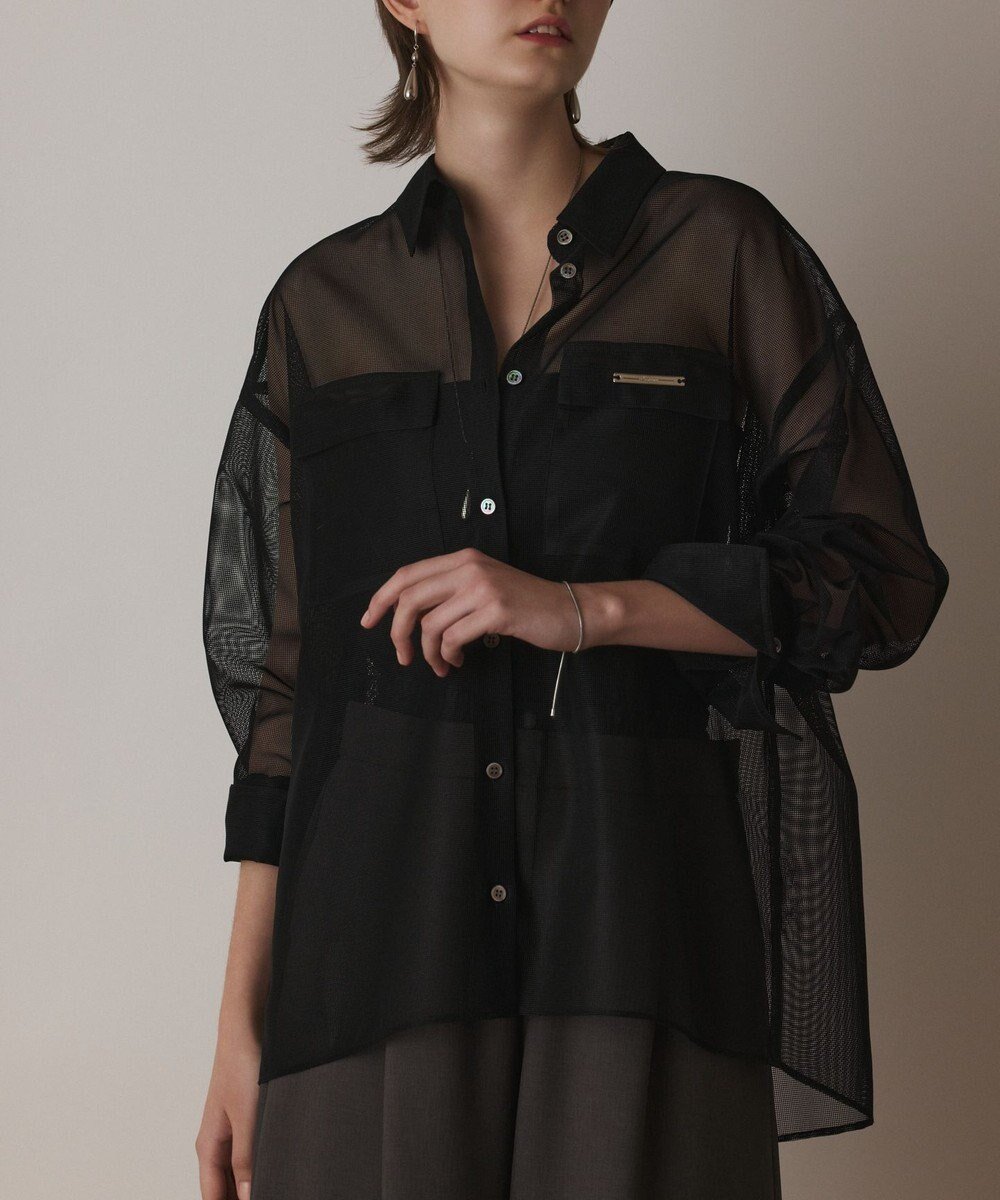 【グレース コンチネンタル/GRACE CONTINENTAL】のメッシュオーバーシャツ インテリア・キッズ・メンズ・レディースファッション・服の通販 founy(ファニー) 　ファッション　Fashion　レディースファッション　Fashion for Women　トップス・カットソー　Cut & Sew Tops　シャツ・ブラウス・オフィスカジュアル　Elegant Blouses & Button-Ups　カフス　Cuff Design　シアー　Sheer, See-Through　プレート　Plate, Dish　ポケット　Pocket, Pocket Detail　メタル　Metal, Metal Parts　メッシュ　Mesh, Net Fabric　夏　Summer　春　Spring　S/S・春夏　SS, Spring/Summer, Warm Season　ブラック|ID: prp329100004539548 ipo3291000000032746133