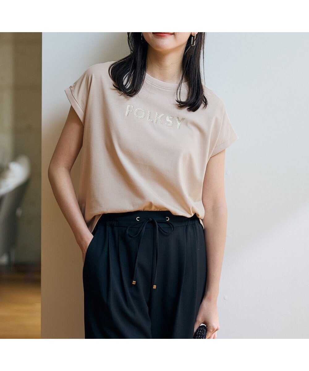 【エニィファム/any FAM】の【洗濯機可/接触冷感】グリッタープリントロゴTシャツ インテリア・キッズ・メンズ・レディースファッション・服の通販 founy(ファニー) 　ファッション　Fashion　レディースファッション　Fashion for Women　トップス・カットソー　Cut & Sew Tops　シャツ・ブラウス・オフィスカジュアル　Elegant Blouses & Button-Ups　ロングTシャツ・Tシャツ　Longline T-Shirts & Tees　カットソー・ベーシックTシャツ　Cut-and-Sewn Tops / Stretch Tees & Basics　おすすめ　Recommended / Our Picks　インナー　Innerwear　カットソー　Cut and Sewn Top　グリッター　Glitter, Sparkle　ジャケット　Jacket, Outerwear　スリーブ　Sleeve, Long Sleeve / Short Sleeve　デニム　Denim, Jeans Material　トレンド　Trend, Trending Now　フレンチ　French, French Style　プリント　Print, Printed Pattern　ラウンド　Round, Round Neck　夏　Summer　春　Spring　S/S・春夏　SS, Spring/Summer, Warm Season　ベージュ|ID: prp329100004540276 ipo3291000000032297891