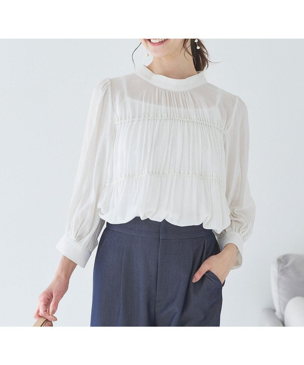 【エニィ スィス/any SiS】の【洗える】シャーリングシアー ブラウス インテリア・キッズ・メンズ・レディースファッション・服の通販 founy(ファニー) 　ファッション　Fashion　レディースファッション　Fashion for Women　トップス・カットソー　Cut & Sew Tops　シャツ・ブラウス・オフィスカジュアル　Elegant Blouses & Button-Ups　シアー　Sheer, See-Through　シャーリング　Shirring, Ruched　ジャケット　Jacket, Outerwear　スタンド　Stand Collar, Upright Stand　ボトム　Bottoms, Lower Wear　メランジ　Melange, Mixed Yarn　夏　Summer　春　Spring　S/S・春夏　SS, Spring/Summer, Warm Season　洗える　Machine Washable　ビジネス 仕事 通勤　Business / Work / Commuting　アイボリー|ID: prp329100004541672 ipo3291000000032575344