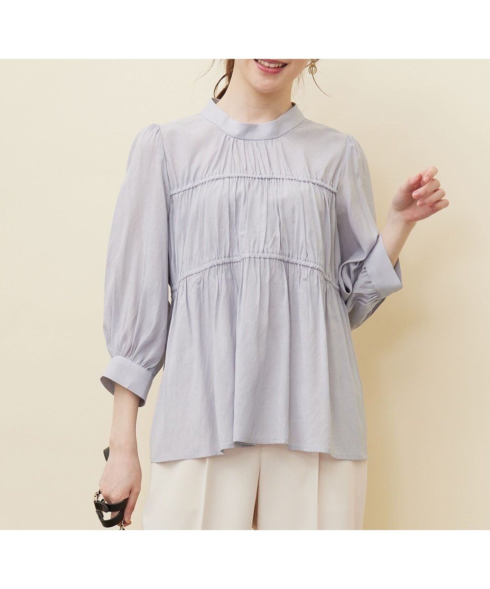 【エニィ スィス/any SiS】の【洗える】シャーリングシアー ブラウス インテリア・キッズ・メンズ・レディースファッション・服の通販 founy(ファニー) 　ファッション　Fashion　レディースファッション　Fashion for Women　トップス・カットソー　Cut & Sew Tops　シャツ・ブラウス・オフィスカジュアル　Elegant Blouses & Button-Ups　シアー　Sheer, See-Through　シャーリング　Shirring, Ruched　ジャケット　Jacket, Outerwear　スタンド　Stand Collar, Upright Stand　ボトム　Bottoms, Lower Wear　メランジ　Melange, Mixed Yarn　夏　Summer　春　Spring　S/S・春夏　SS, Spring/Summer, Warm Season　洗える　Machine Washable　ビジネス 仕事 通勤　Business / Work / Commuting　ライトブルー|ID: prp329100004541672 ipo3291000000032575345
