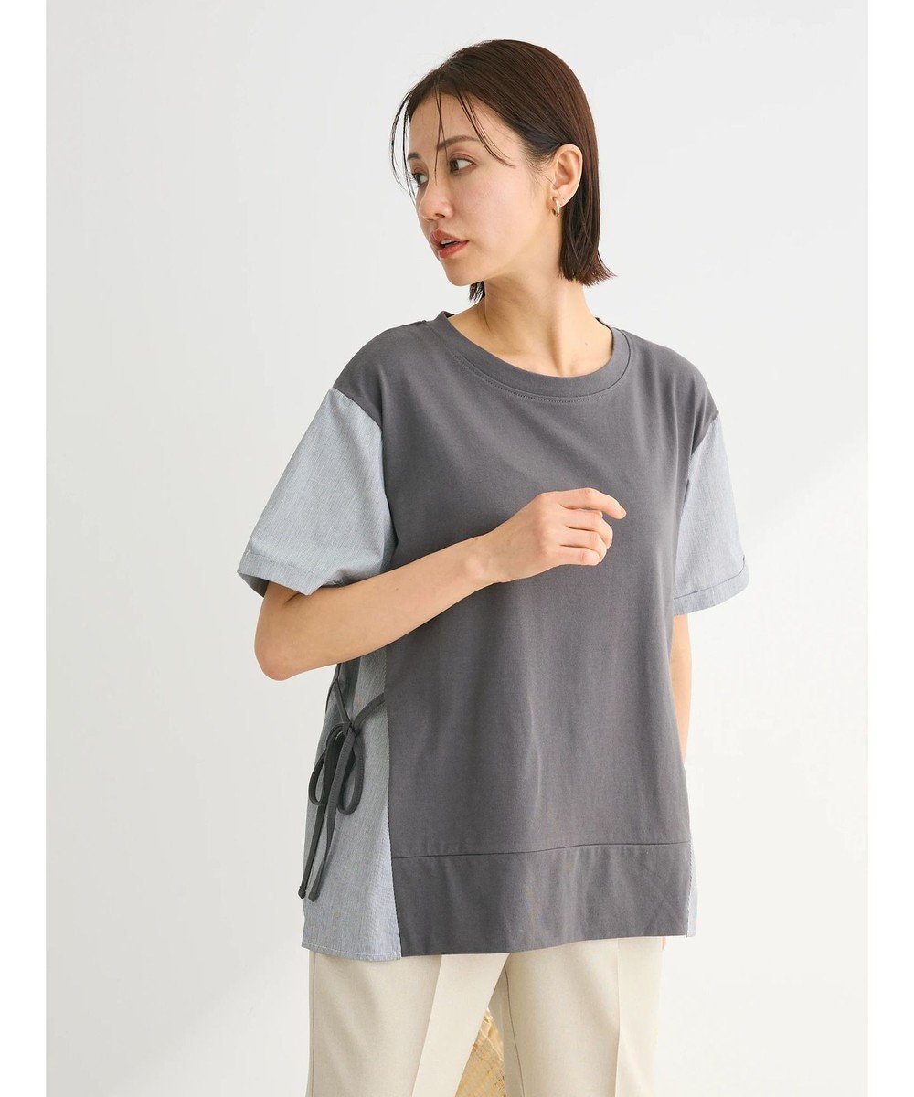 【グリーンパークス/Green Parks】の脇リボン5分袖布帛ドッキングプルオーバー 人気、トレンドファッション・服の通販 founy(ファニー) 　ファッション　Fashion　レディースファッション　Fashion for Women　トップス・カットソー　Cut & Sew Tops　シャツ・ブラウス・オフィスカジュアル　Elegant Blouses & Button-Ups　ロングTシャツ・Tシャツ　Longline T-Shirts & Tees　カジュアルプルオーバー・ニットトップス　Pullovers & Knit Tops / Casual Pullovers　カットソー・ベーシックTシャツ　Cut-and-Sewn Tops / Stretch Tees & Basics　カットソー　Cut and Sewn Top　ドッキング　Docking, Mixed Material　ポケット　Pocket, Pocket Detail　リボン　Ribbon, Bow　夏　Summer　春　Spring　S/S・春夏　SS, Spring/Summer, Warm Season　 other-1|ID: prp329100004541748 ipo3291000000032588237