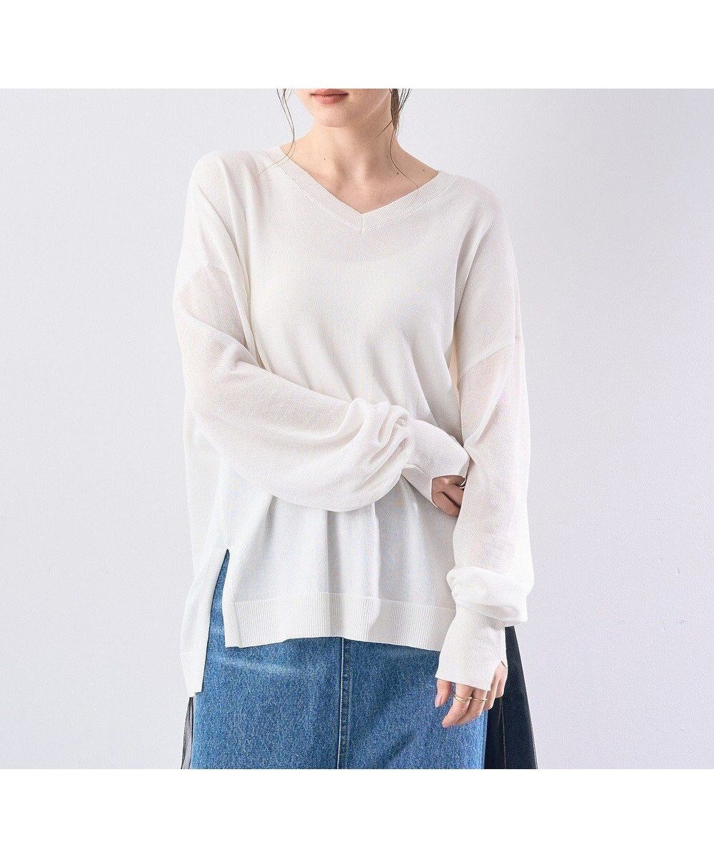 【イェッカ ヴェッカ/YECCA VECCA】のVネック袖シアーニット インテリア・キッズ・メンズ・レディースファッション・服の通販 founy(ファニー) 　ファッション　Fashion　レディースファッション　Fashion for Women　トップス・カットソー　Cut & Sew Tops　ニット　Knit Tops & Sweaters　Vネックトップス　V-Neck Tops / V-Cut Neckline Shirts　シアー　Sheer, See-Through　スリット　Slit, Slit Detail　セーター　Sweater, Knitwear　トレンド　Trend, Trending Now　ポケット　Pocket, Pocket Detail　ロング　Long, Long-Length　夏　Summer　春　Spring　S/S・春夏　SS, Spring/Summer, Warm Season　Off White|ID: prp329100004544738 ipo3291000000033620090