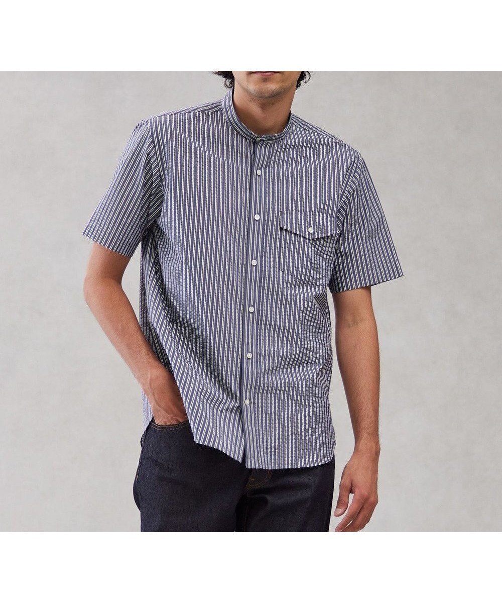 【ジェイ プレス/J.PRESS / MEN】の【クールマックス】サッカーマルチストライプ バンドカラーシャツ インテリア・キッズ・メンズ・レディースファッション・服の通販 founy(ファニー) 　ファッション　Fashion　メンズファッション　Men's Style Online　トップス・カットソー　Tops/Tshirt/Men　シャツ　Shirts　インナー　Inner　春　Spring　吸水　Water Absorption　サッカー　Soccer　シンプル　Simple　ストライプ　Stripe　ドレス　Dress　定番　Standard　バランス　Balance　プリント　Print　ベーシック　Basic　羽織　Haori　メンズ　Mens　モダン　Modern　S/S・春夏　Ss・Spring/Summer　再入荷　Restock/Back In Stock/Re Arrival　夏　Summer　ネイビー系1|ID: prp329100004547774 ipo3291000000032675261