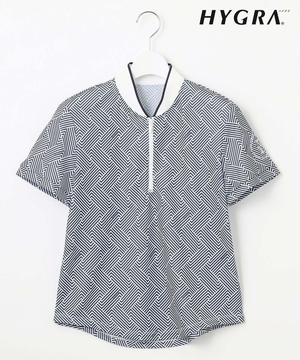 【23区 ゴルフ/NIJYUSANKU GOLF】の【WOMEN】「HYGRA」幾何柄清涼カットソー 接触冷感 UVケア 吸水速乾 ヒップラインカバー インテリア・キッズ・メンズ・レディースファッション・服の通販 founy(ファニー) 　ファッション　Fashion　レディースファッション　Fashion for Women　トップス・カットソー　Cut & Sew Tops　シャツ・ブラウス・オフィスカジュアル　Elegant Blouses & Button-Ups　ロングTシャツ・Tシャツ　Longline T-Shirts & Tees　カットソー・ベーシックTシャツ　Cut-and-Sewn Tops / Stretch Tees & Basics　春　Spring　カットソー　Cut and Sewn Top　コンパクト　Compact, Small Size　吸水　Absorbent, Quick-Dry　シルバー　Silver, Metallic Silver　ストレッチ　Stretch, Stretchy Fabric　フィット　Fit, Slim Fit　フロント　Front, Front Design　プリント　Print, Printed Pattern　S/S・春夏　SS, Spring/Summer, Warm Season　夏　Summer　ゴルフ　Golf　ネイビー系5|ID: prp329100004548153 ipo3291000000032729838