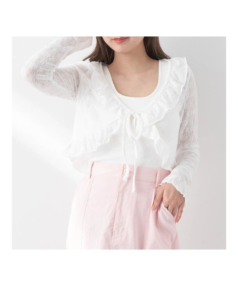 【アースミュージックアンドエコロジー/earth music&ecology】のフリルレースカーディガン インテリア・キッズ・メンズ・レディースファッション・服の通販 founy(ファニー) 　ファッション　Fashion　レディースファッション　Fashion for Women　トップス・カットソー　Cut & Sew Tops　カーディガン・羽織り　Layered Style Cardigans　おすすめ　Recommended / Our Picks　カーディガン　Cardigan, Knitwear　コンパクト　Compact, Small Size　フリル　Frill, Ruffle　ポケット　Pocket, Pocket Detail　リボン　Ribbon, Bow　レース　Lace, Lace Fabric　夏　Summer　春　Spring　S/S・春夏　SS, Spring/Summer, Warm Season　White|ID: prp329100004548661 ipo3291000000034252735