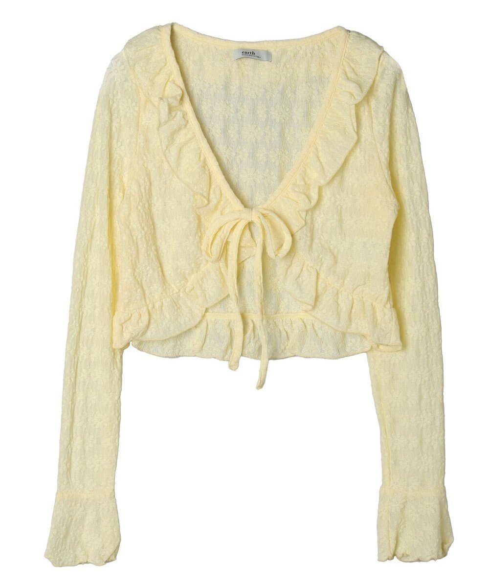 【アースミュージックアンドエコロジー/earth music&ecology】のフリルレースカーディガン インテリア・キッズ・メンズ・レディースファッション・服の通販 founy(ファニー) 　ファッション　Fashion　レディースファッション　Fashion for Women　トップス・カットソー　Cut & Sew Tops　カーディガン・羽織り　Layered Style Cardigans　おすすめ　Recommended / Our Picks　カーディガン　Cardigan, Knitwear　コンパクト　Compact, Small Size　フリル　Frill, Ruffle　ポケット　Pocket, Pocket Detail　リボン　Ribbon, Bow　レース　Lace, Lace Fabric　夏　Summer　春　Spring　S/S・春夏　SS, Spring/Summer, Warm Season　Yellow|ID: prp329100004548661 ipo3291000000034252736