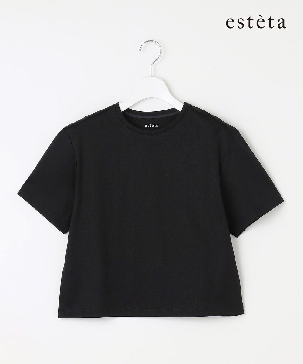 【23区/NIJYUSANKU】の【エステータ】スーピマコットン プレミアムジャージー 半袖クロップド丈Tシャツ インテリア・キッズ・メンズ・レディースファッション・服の通販 founy(ファニー) 　ファッション　Fashion　レディースファッション　Fashion for Women　トップス・カットソー　Cut & Sew Tops　シャツ・ブラウス・オフィスカジュアル　Elegant Blouses & Button-Ups　ロングTシャツ・Tシャツ　Longline T-Shirts & Tees　カットソー・ベーシックTシャツ　Cut-and-Sewn Tops / Stretch Tees & Basics　カットソー　Cut and Sewn Top　クロップド　Cropped, Short Length　ストレッチ　Stretch, Stretchy Fabric　雑誌　Magazine, Fashion Magazine　プレミアム　Premium, High-End　ベーシック　Basic, Essential　半袖　Short Sleeve, Half Sleeve　A/W・秋冬　Autumn/Winter　ブラック系|ID: prp329100004549278 ipo3291000000032663531