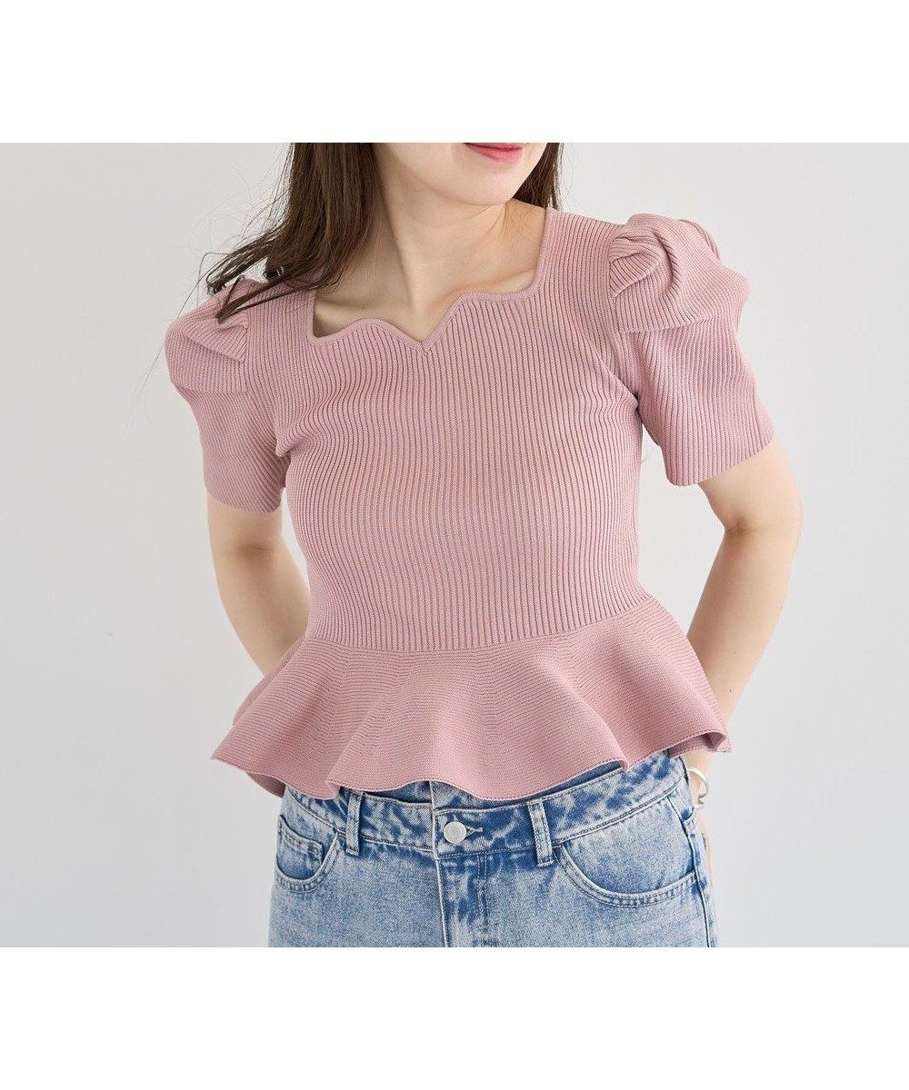 【グリーンパークス/Green Parks】の・swing by ハートネックペプラムニット インテリア・キッズ・メンズ・レディースファッション・服の通販 founy(ファニー) 　ファッション　Fashion　レディースファッション　Fashion for Women　トップス・カットソー　Cut & Sew Tops　ニット　Knit Tops & Sweaters　おすすめ　Recommended / Our Picks　ギャザー　Gathered, Ruffled　スリーブ　Sleeve, Long Sleeve / Short Sleeve　セーター　Sweater, Knitwear　デニム　Denim, Jeans Material　フェミニン　Feminine, Girly　ペプラム　Peplum, Flared Hem　ボトム　Bottoms, Lower Wear　ポケット　Pocket, Pocket Detail　ミックス　Mix, Mixed Style　ワイド　Wide, Wide Fit　エレガント 上品　Elegant　夏　Summer　春　Spring　S/S・春夏　SS, Spring/Summer, Warm Season　Pink|ID: prp329100004549614 ipo3291000000033620970