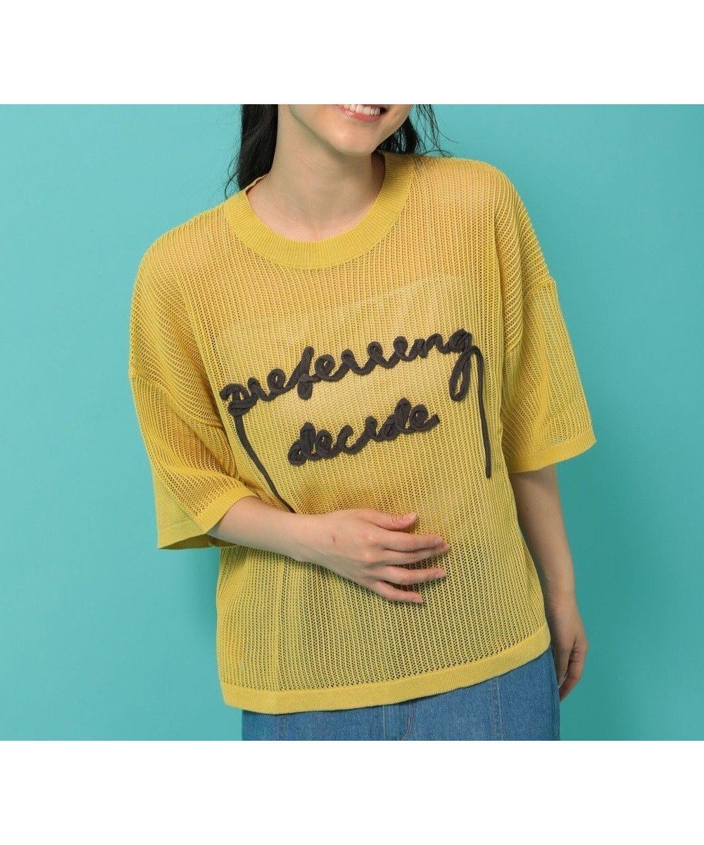 【グリーンパークス/Green Parks】のテープロゴ透かしニットプルオーバー インテリア・キッズ・メンズ・レディースファッション・服の通販 founy(ファニー) 　ファッション　Fashion　レディースファッション　Fashion for Women　トップス・カットソー　Cut & Sew Tops　ニット　Knit Tops & Sweaters　カジュアルプルオーバー・ニットトップス　Pullovers & Knit Tops / Casual Pullovers　おすすめ　Recommended / Our Picks　セーター　Sweater, Knitwear　ドロップ　Drop Shoulder, Dropped Style　ポケット　Pocket, Pocket Detail　メッシュ　Mesh, Net Fabric　夏　Summer　春　Spring　S/S・春夏　SS, Spring/Summer, Warm Season　透かし　Cut-Out, Lacework　Yellow|ID: prp329100004549653 ipo3291000000032332439