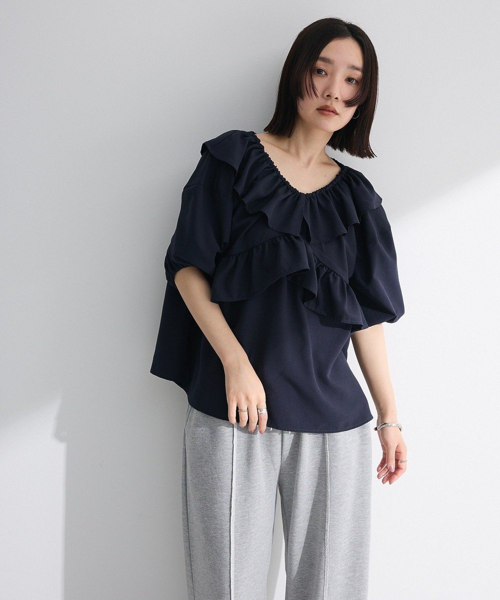 【グリーンパークス/Green Parks】の2way フリルショートスリーブブラウス インテリア・キッズ・メンズ・レディースファッション・服の通販 founy(ファニー) 　ファッション　Fashion　レディースファッション　Fashion for Women　トップス・カットソー　Cut & Sew Tops　シャツ・ブラウス・オフィスカジュアル　Elegant Blouses & Button-Ups　おすすめ　Recommended / Our Picks　シンプル　Simple, Minimal　フリル　Frill, Ruffle　ポケット　Pocket, Pocket Detail　エレガント 上品　Elegant　夏　Summer　春　Spring　S/S・春夏　SS, Spring/Summer, Warm Season　Dark Navy|ID: prp329100004549658 ipo3291000000032583493
