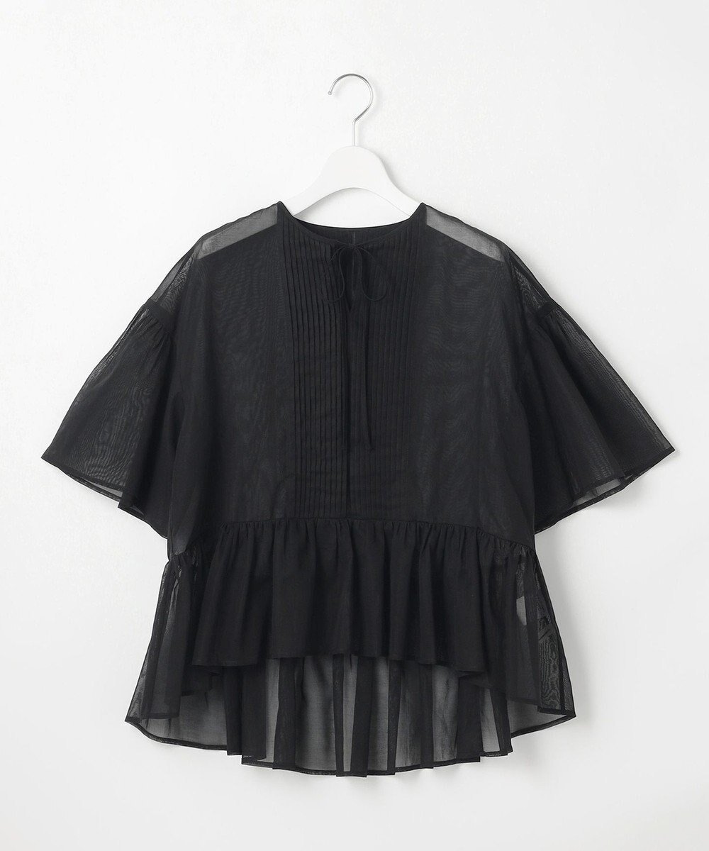 【23区/NIJYUSANKU】の【GOLD LABEL】コットンオーガンジー ピンタックリボン ペプラムブラウス インテリア・キッズ・メンズ・レディースファッション・服の通販 founy(ファニー) 　ファッション　Fashion　レディースファッション　Fashion for Women　トップス・カットソー　Cut & Sew Tops　シャツ・ブラウス・オフィスカジュアル　Elegant Blouses & Button-Ups　オーガンジー　Organza Fabric　春　Spring　秋　Autumn　シンプル　Simple, Minimal　スリット　Slit, Slit Detail　フォルム　Silhouette, Form　フロント　Front, Front Design　ペプラム　Peplum, Flared Hem　半袖　Short Sleeve, Half Sleeve　リボン　Ribbon, Bow　レギュラー　Regular, Standard Fit　S/S・春夏　SS, Spring/Summer, Warm Season　夏　Summer　エレガント 上品　Elegant　2025年　2025　2025春夏・S/S　Spring/Summer 2025 SS25　ブラック系|ID: prp329100004549829 ipo3291000000033536032