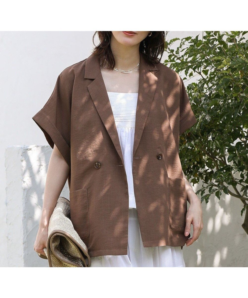 【グリーンパークス/Green Parks】の麻調合繊フレンチスリーブジャケット インテリア・キッズ・メンズ・レディースファッション・服の通販 founy(ファニー) 　ファッション　Fashion　レディースファッション　Fashion for Women　アウター　Coat / Outerwear Collection　レディースジャケット・軽アウター　Jackets　おすすめ　Recommended / Our Picks　インナー　Innerwear　ジャケット　Jacket, Outerwear　ダウン　Down, Puffer　ダブル　Double, Double-Breasted　フロント　Front, Front Design　プリント　Print, Printed Pattern　ベスト　Vest, Waistcoat　ポケット　Pocket, Pocket Detail　夏　Summer　春　Spring　S/S・春夏　SS, Spring/Summer, Warm Season　無地　Plain, Solid Color　Brown|ID: prp329100004549850 ipo3291000000032155041
