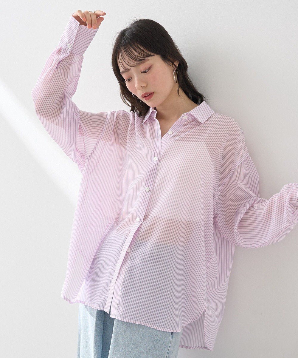 【アースミュージックアンドエコロジー/earth music&ecology】のシアーストライプシャツ インテリア・キッズ・メンズ・レディースファッション・服の通販 founy(ファニー) 　ファッション　Fashion　レディースファッション　Fashion for Women　トップス・カットソー　Cut & Sew Tops　シャツ・ブラウス・オフィスカジュアル　Elegant Blouses & Button-Ups　おすすめ　Recommended / Our Picks　シアー　Sheer, See-Through　ストライプ　Stripe, Striped Pattern　フォルム　Silhouette, Form　ヘムライン　Hemline, Bottom Cut　ポケット　Pocket, Pocket Detail　リラックス　Relax, Relaxed Fit　夏　Summer　春　Spring　S/S・春夏　SS, Spring/Summer, Warm Season　Pink|ID: prp329100004549868 ipo3291000000032728540